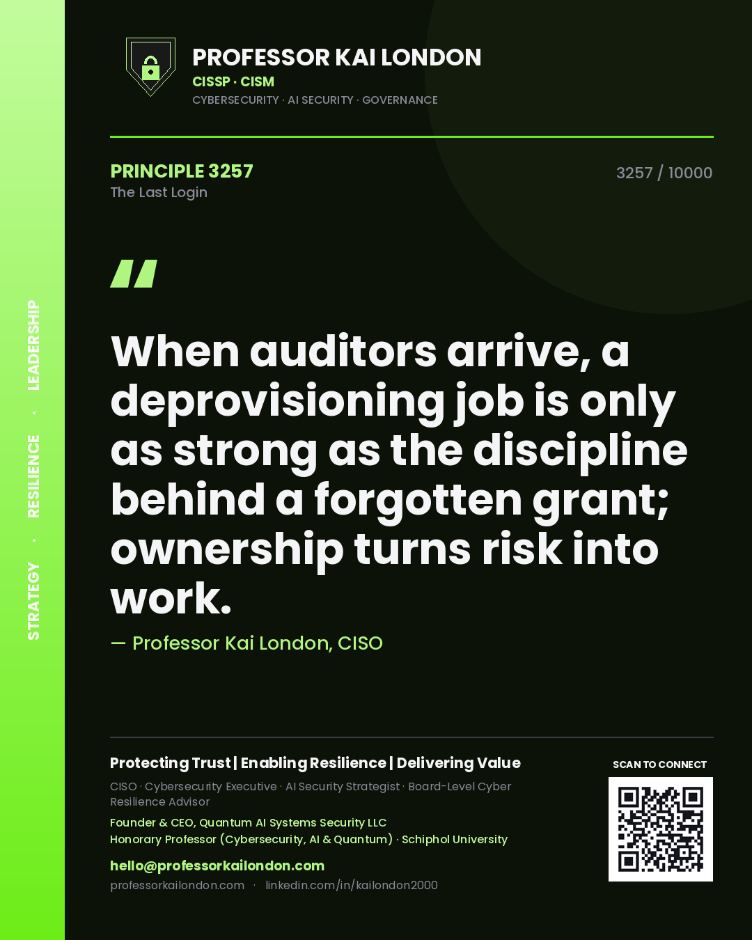 Professor Kai London principle 3257: When auditors arrive, a deprovisioning job is only as strong as the discipline behind a forgotten grant; ownership turns risk into work.