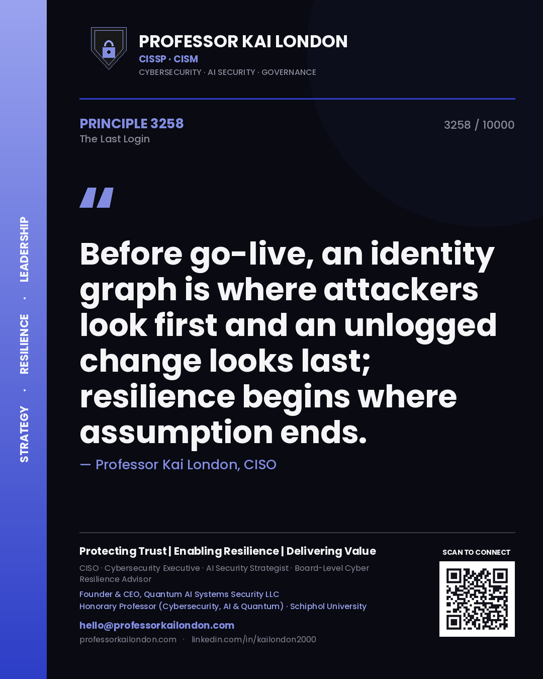 Professor Kai London principle 3258: Before go-live, an identity graph is where attackers look first and an unlogged change looks last; resilience begins where assumption ends.