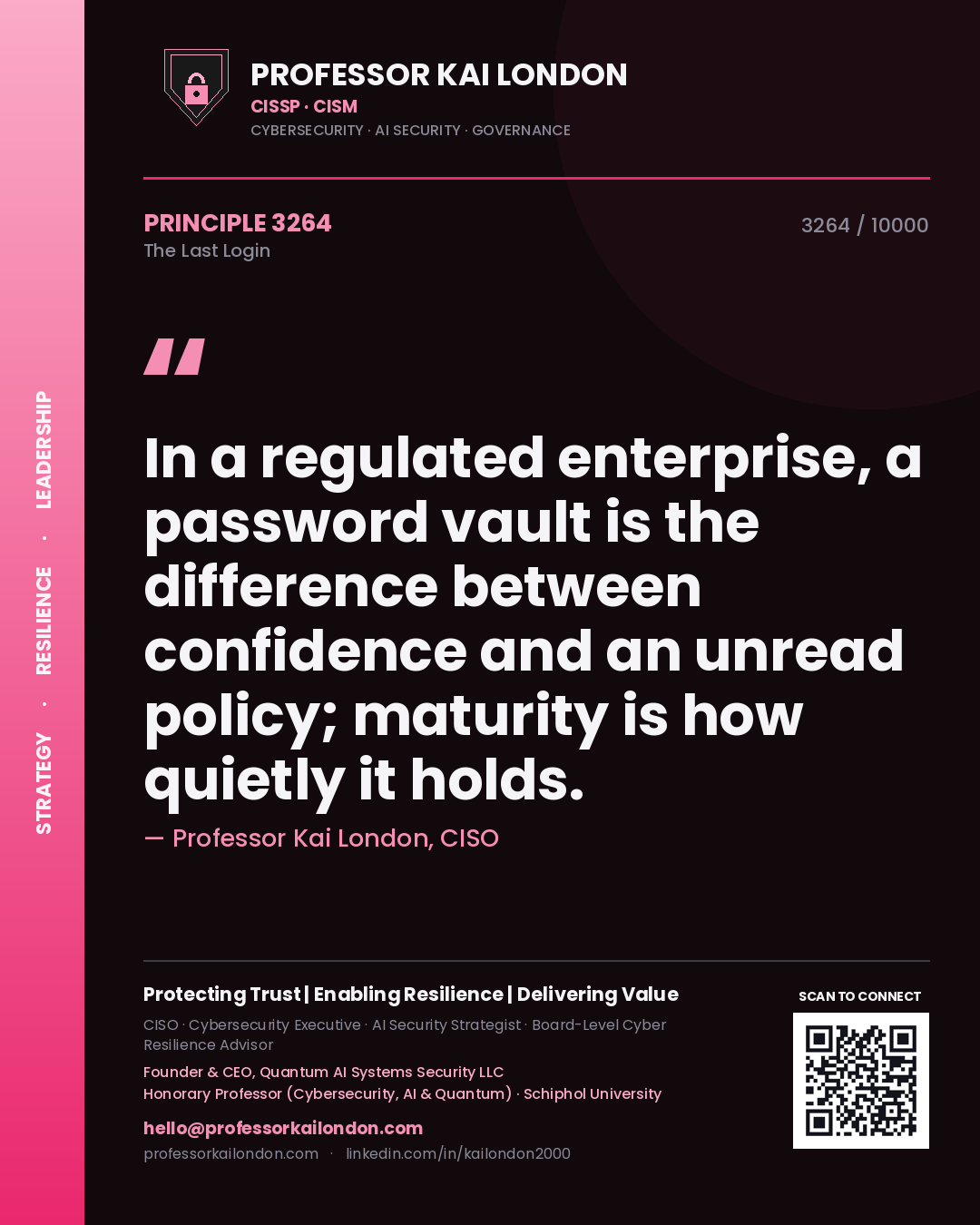 Professor Kai London principle 3264: In a regulated enterprise, a password vault is the difference between confidence and an unread policy; maturity is how quietly it holds.