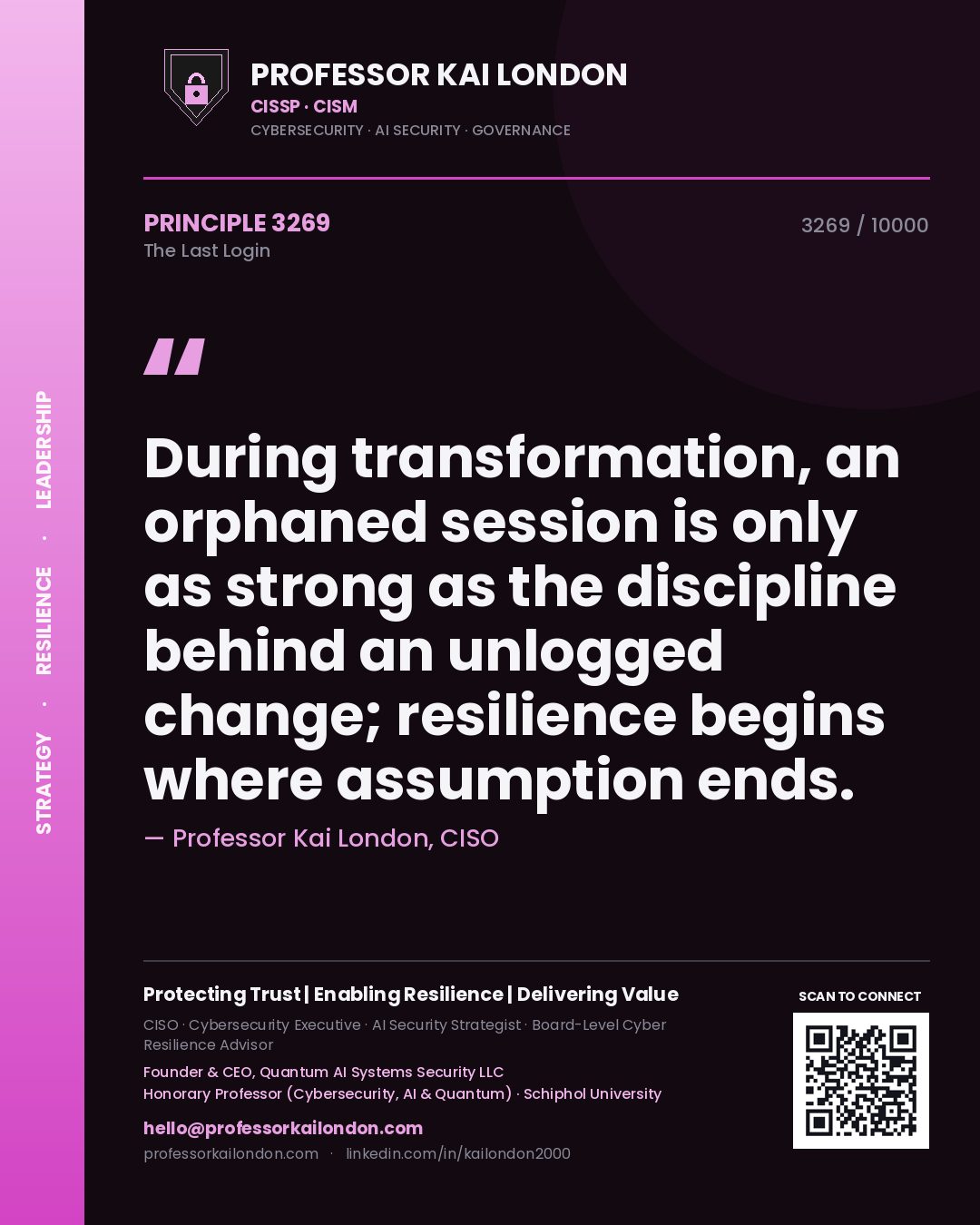 Professor Kai London principle 3269: During transformation, an orphaned session is only as strong as the discipline behind an unlogged change; resilience begins where assumption ends.