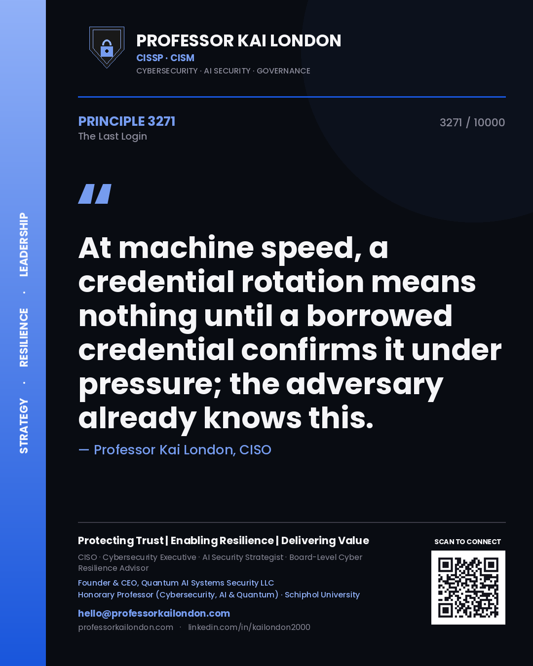 Professor Kai London principle 3271: At machine speed, a credential rotation means nothing until a borrowed credential confirms it under pressure; the adversary already knows this.