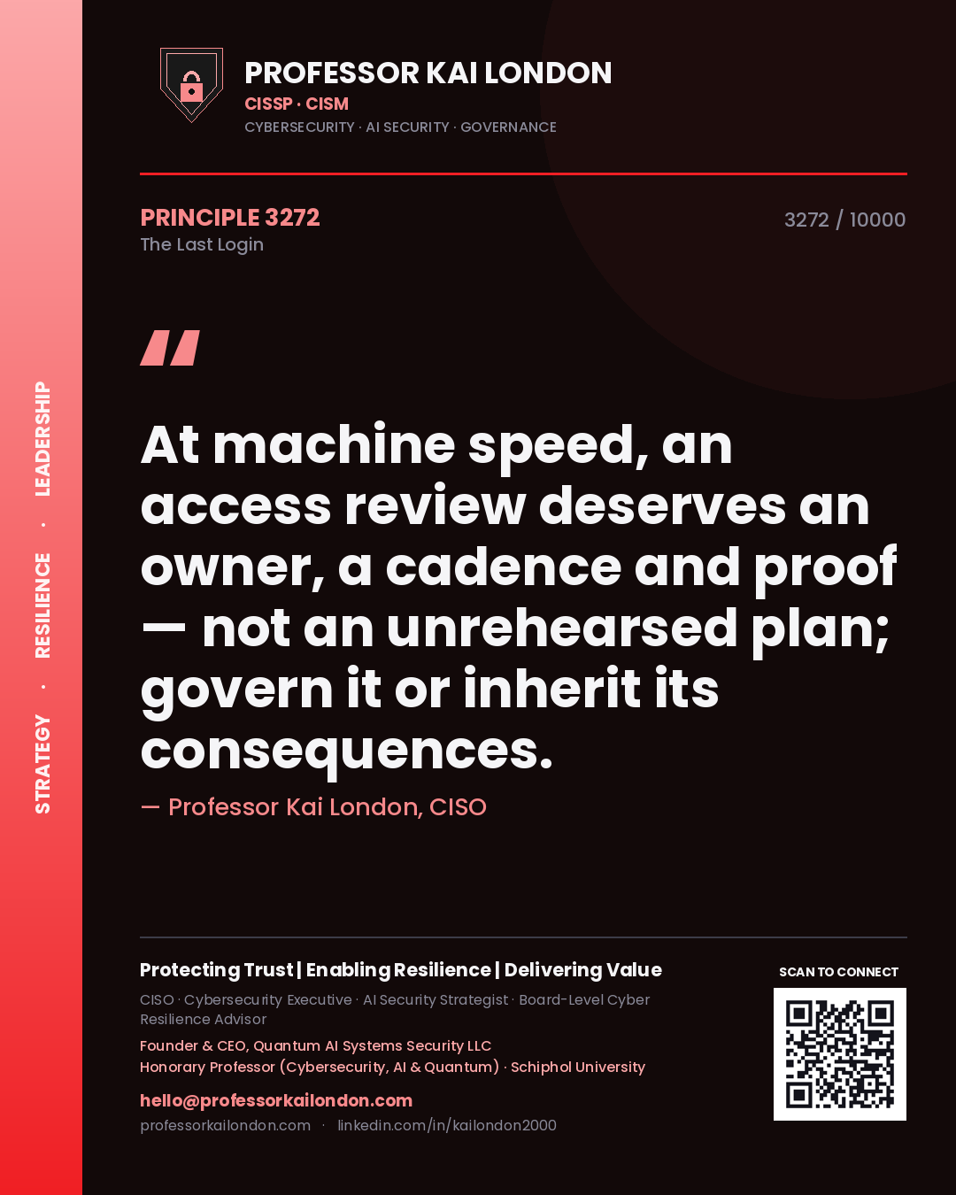 Professor Kai London principle 3272: At machine speed, an access review deserves an owner, a cadence and proof — not an unrehearsed plan; govern it or inherit its consequences.