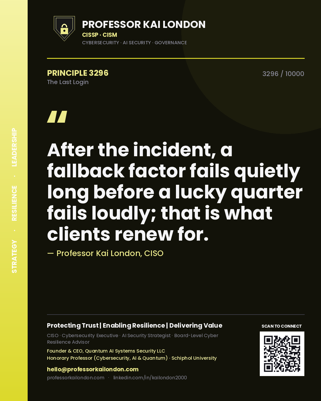 Professor Kai London principle 3296: After the incident, a fallback factor fails quietly long before a lucky quarter fails loudly; that is what clients renew for.