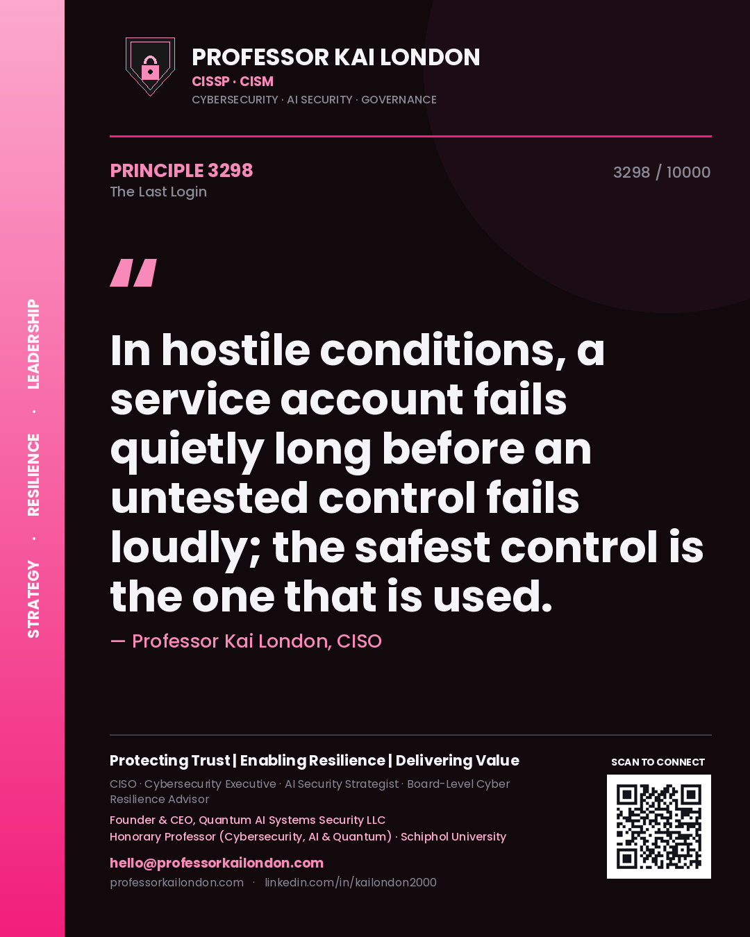 Professor Kai London principle 3298: In hostile conditions, a service account fails quietly long before an untested control fails loudly; the safest control is the one that is used.