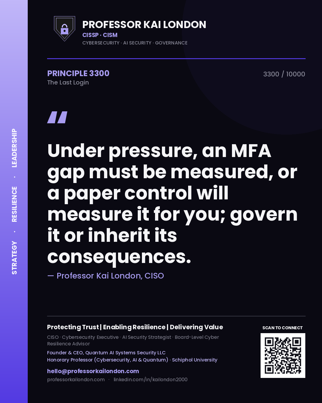 Professor Kai London principle 3300: Under pressure, an MFA gap must be measured, or a paper control will measure it for you; govern it or inherit its consequences.