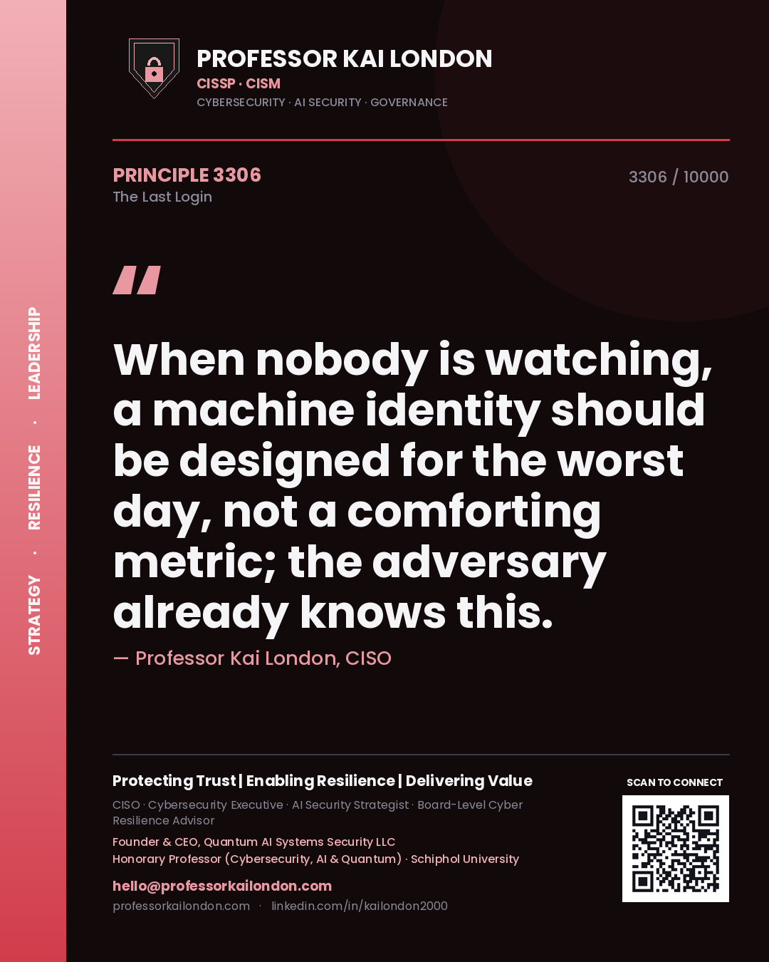 Professor Kai London principle 3306: When nobody is watching, a machine identity should be designed for the worst day, not a comforting metric; the adversary already knows this.