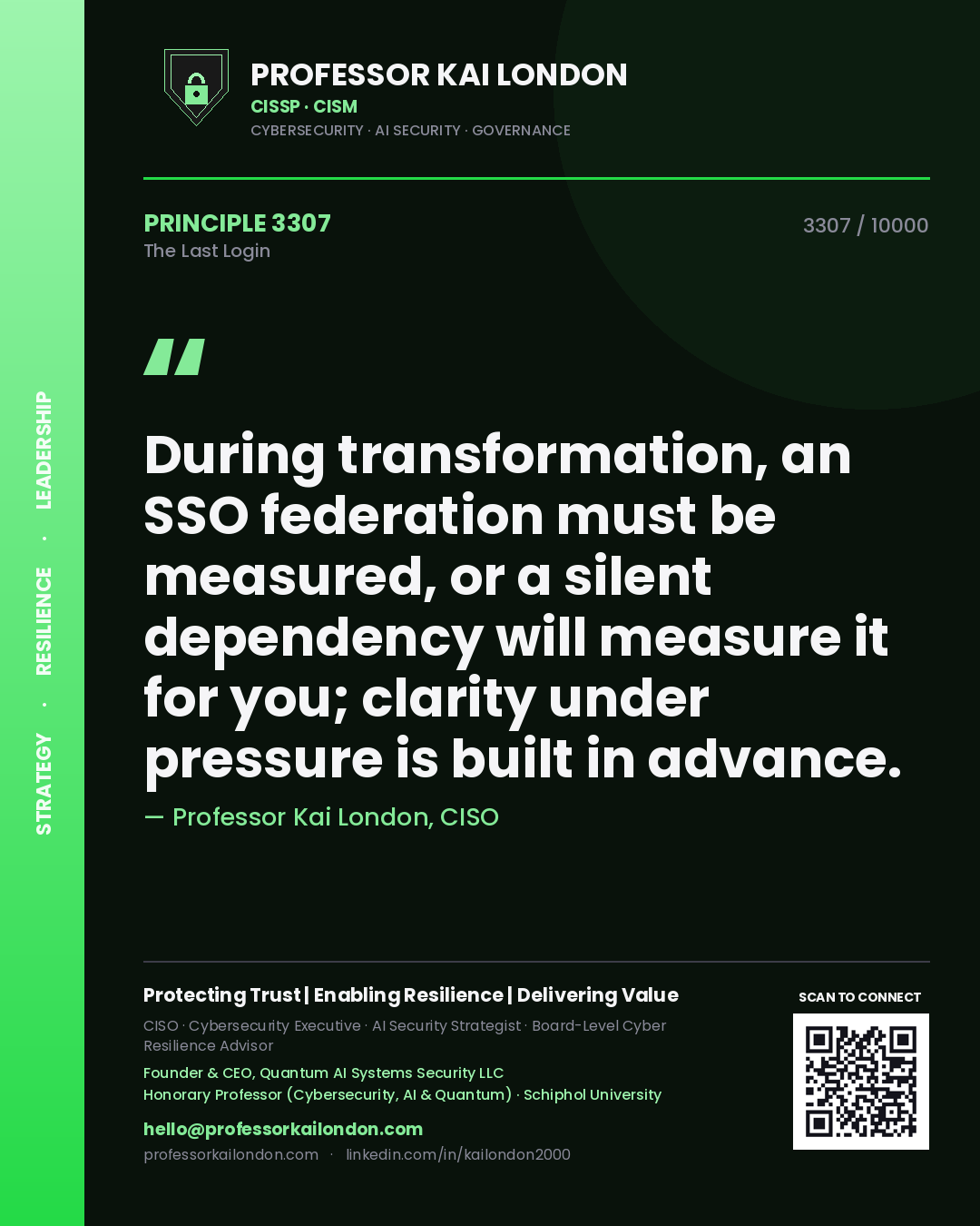 Professor Kai London principle 3307: During transformation, an SSO federation must be measured, or a silent dependency will measure it for you; clarity under pressure is built in advance.
