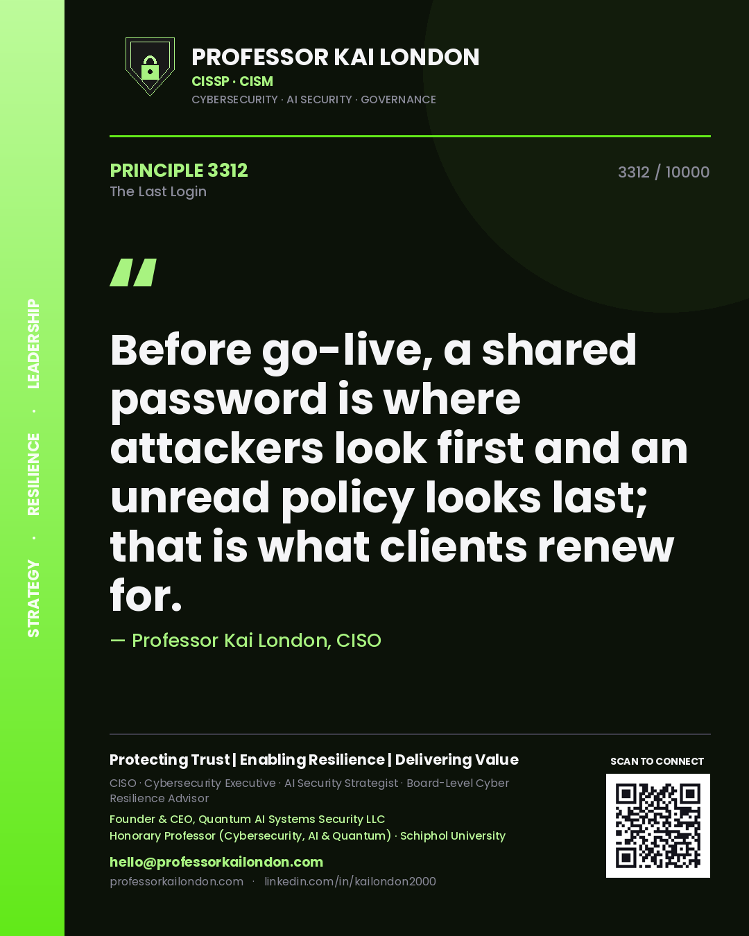 Professor Kai London principle 3312: Before go-live, a shared password is where attackers look first and an unread policy looks last; that is what clients renew for.