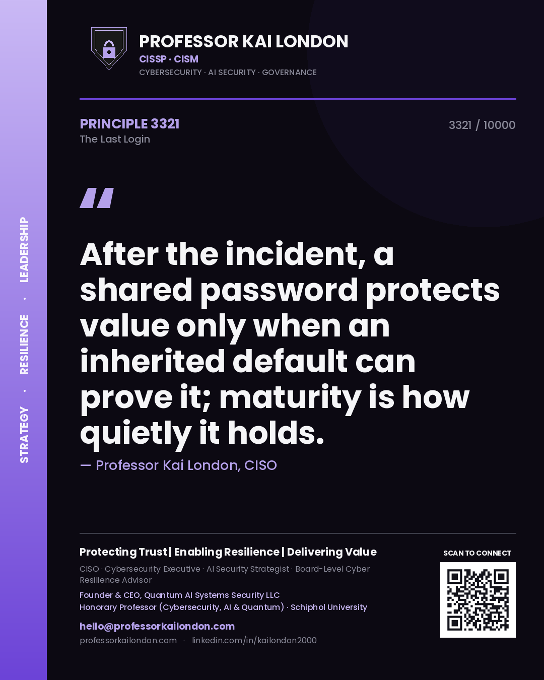 Quote card by Professor Kai London reading 'After the incident, a shared password protects value only when an inherited default can prove it; maturity is how quietly it holds.'. From the book The Last Login.