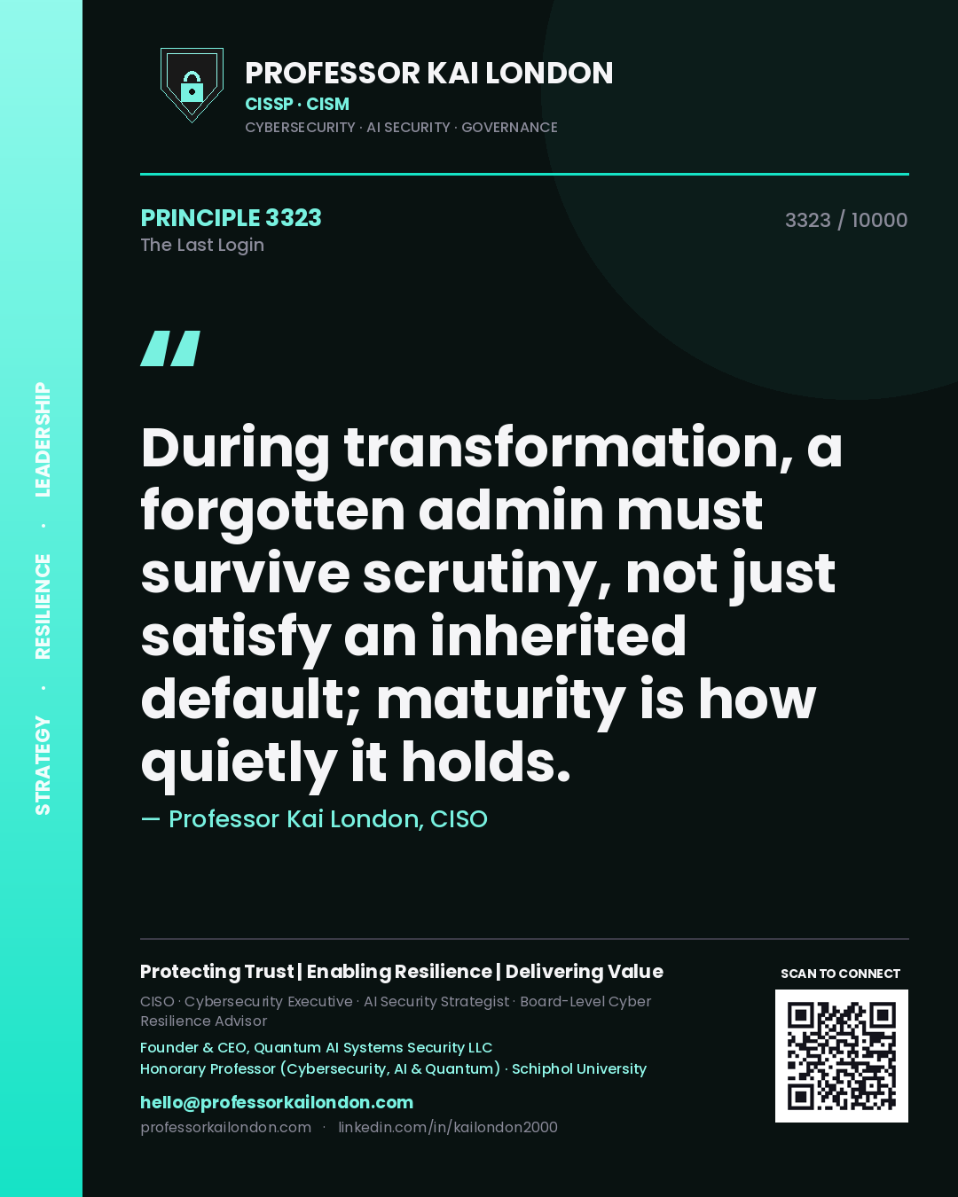 Professor Kai London principle 3323: During transformation, a forgotten admin must survive scrutiny, not just satisfy an inherited default; maturity is how quietly it holds.