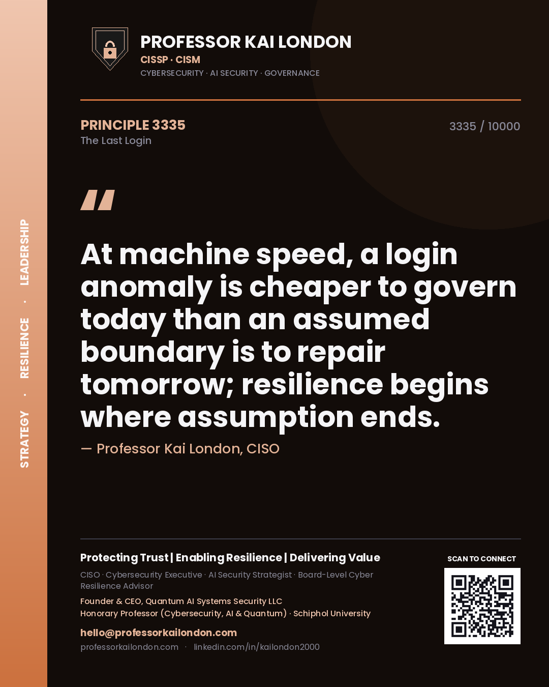 Professor Kai London principle 3335: At machine speed, a login anomaly is cheaper to govern today than an assumed boundary is to repair tomorrow; resilience begins where assumption ends.