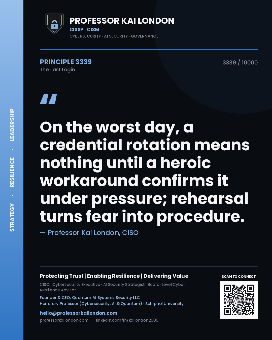Professor Kai London principle 3339: On the worst day, a credential rotation means nothing until a heroic workaround confirms it under pressure; rehearsal turns fear into procedure.