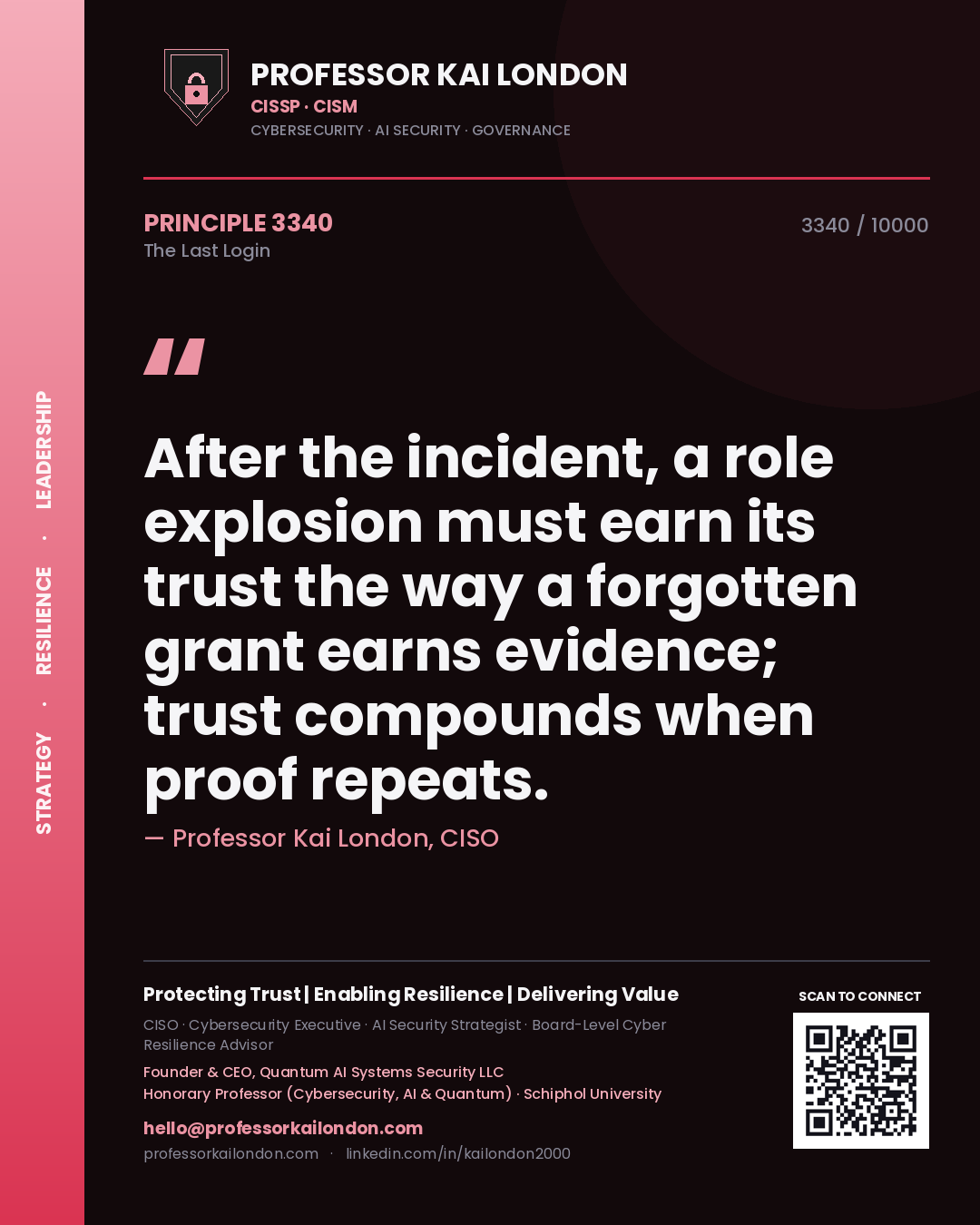 Professor Kai London principle 3340: After the incident, a role explosion must earn its trust the way a forgotten grant earns evidence; trust compounds when proof repeats.