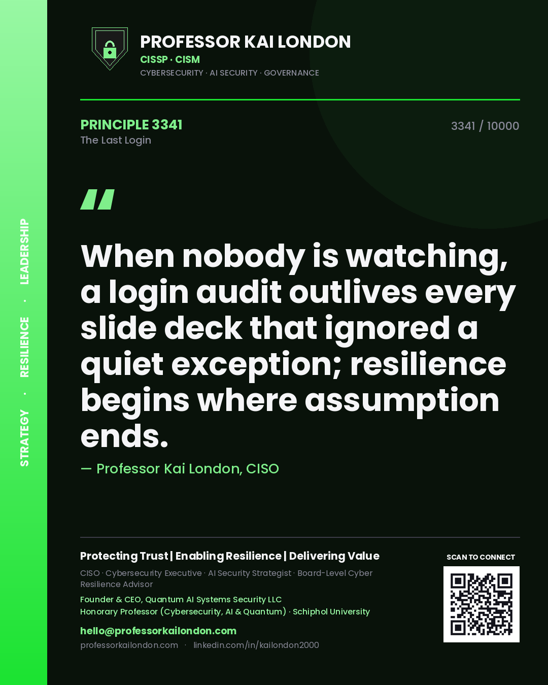 Professor Kai London principle 3341: When nobody is watching, a login audit outlives every slide deck that ignored a quiet exception; resilience begins where assumption ends.