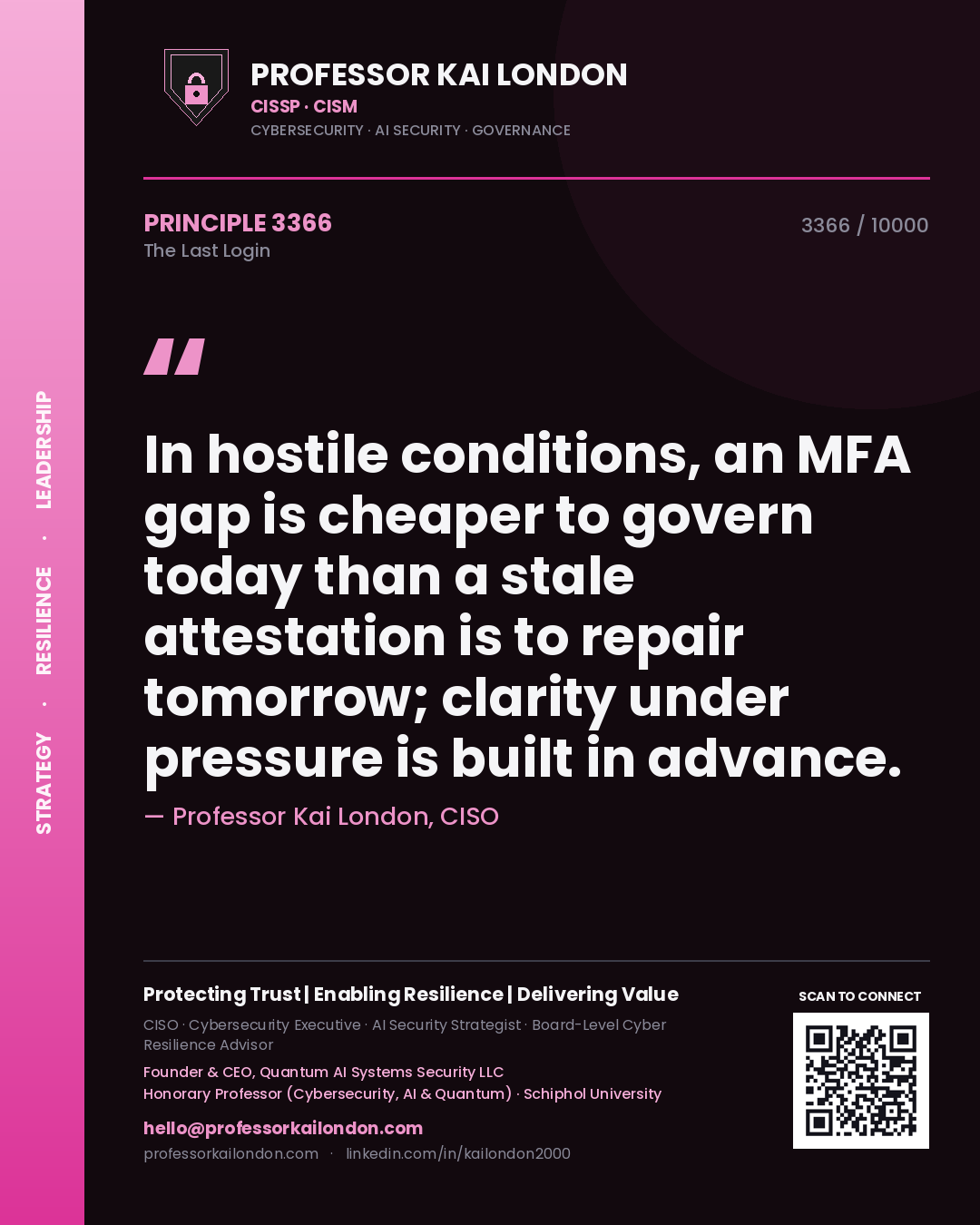 Professor Kai London principle 3366: In hostile conditions, an MFA gap is cheaper to govern today than a stale attestation is to repair tomorrow; clarity under pressure is built in advance.