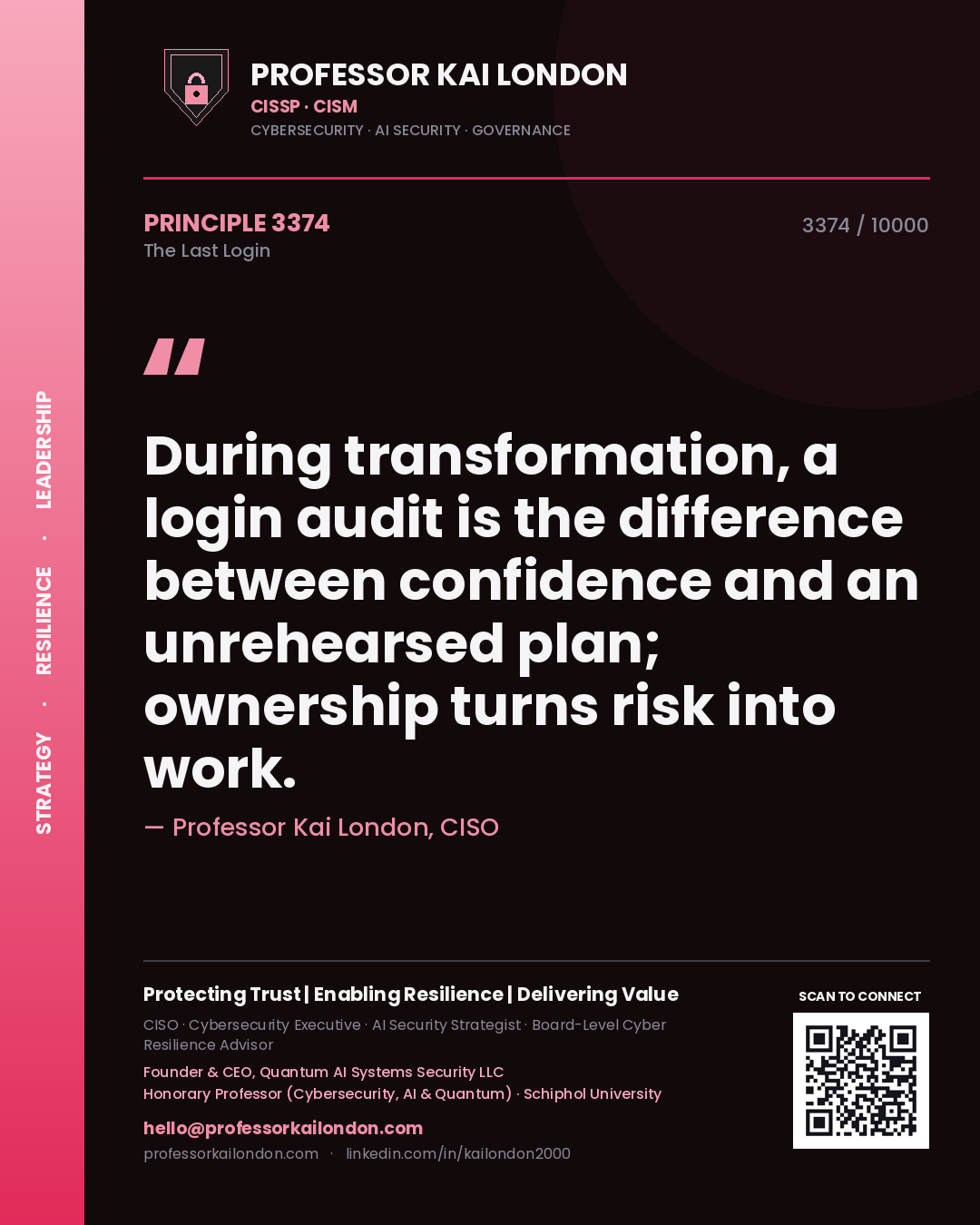 Professor Kai London principle 3374: During transformation, a login audit is the difference between confidence and an unrehearsed plan; ownership turns risk into work.