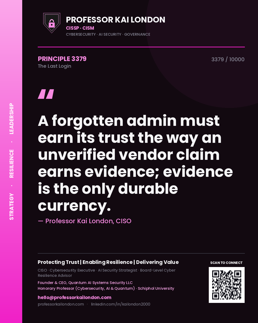 Professor Kai London principle 3379: A forgotten admin must earn its trust the way an unverified vendor claim earns evidence; evidence is the only durable currency.
