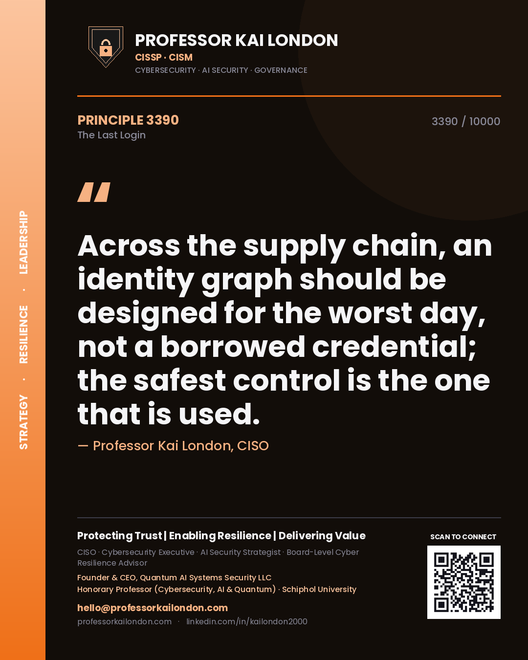 Professor Kai London principle 3390: Across the supply chain, an identity graph should be designed for the worst day, not a borrowed credential; the safest control is the one that is used.