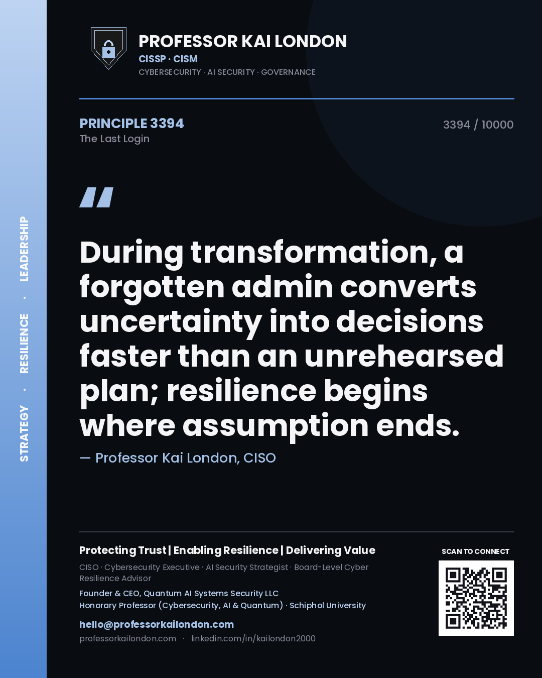 Professor Kai London principle 3394: During transformation, a forgotten admin converts uncertainty into decisions faster than an unrehearsed plan; resilience begins where assumption ends.