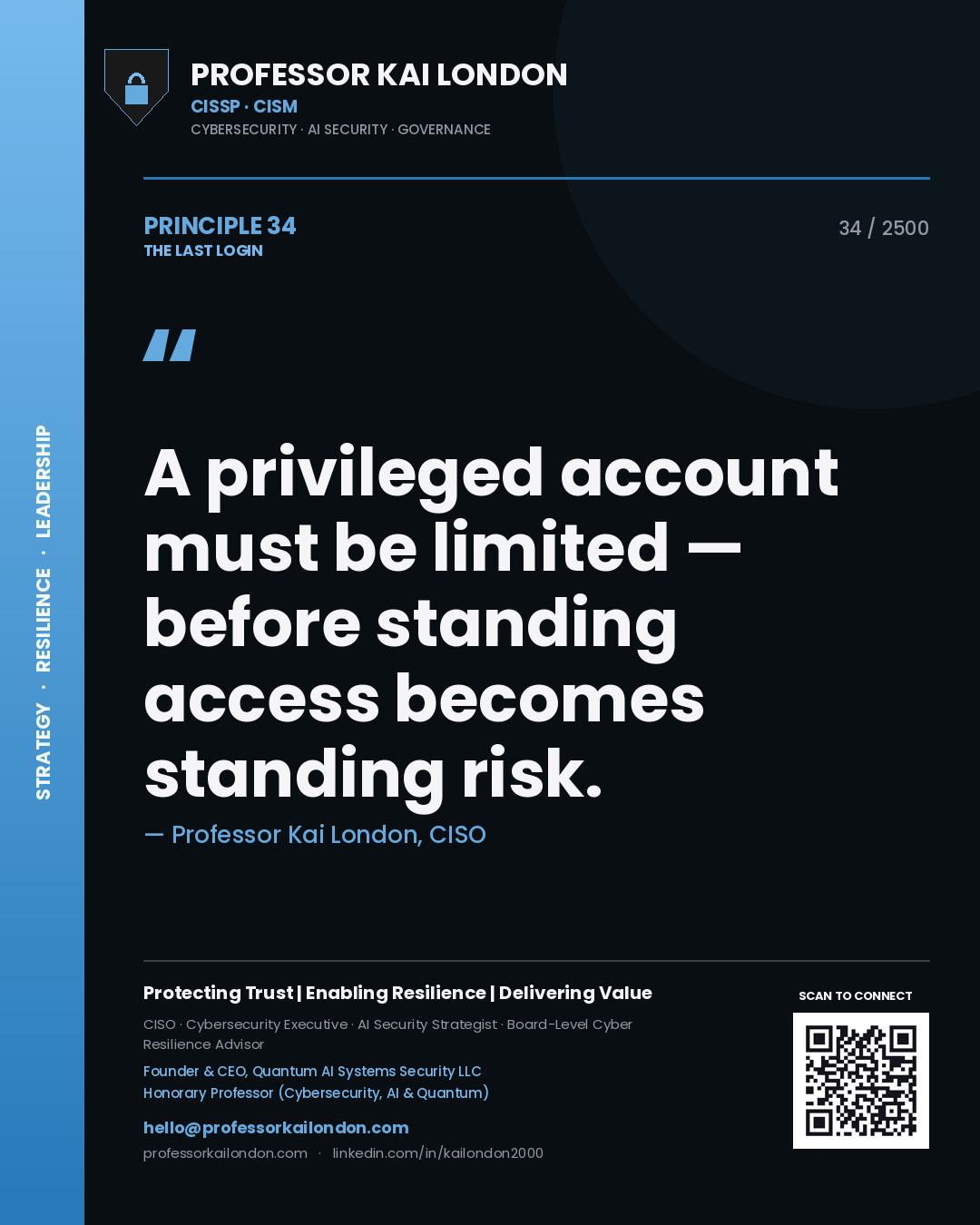 Professor Kai London principle 34: A privileged account must be limited — before standing access becomes standing risk.