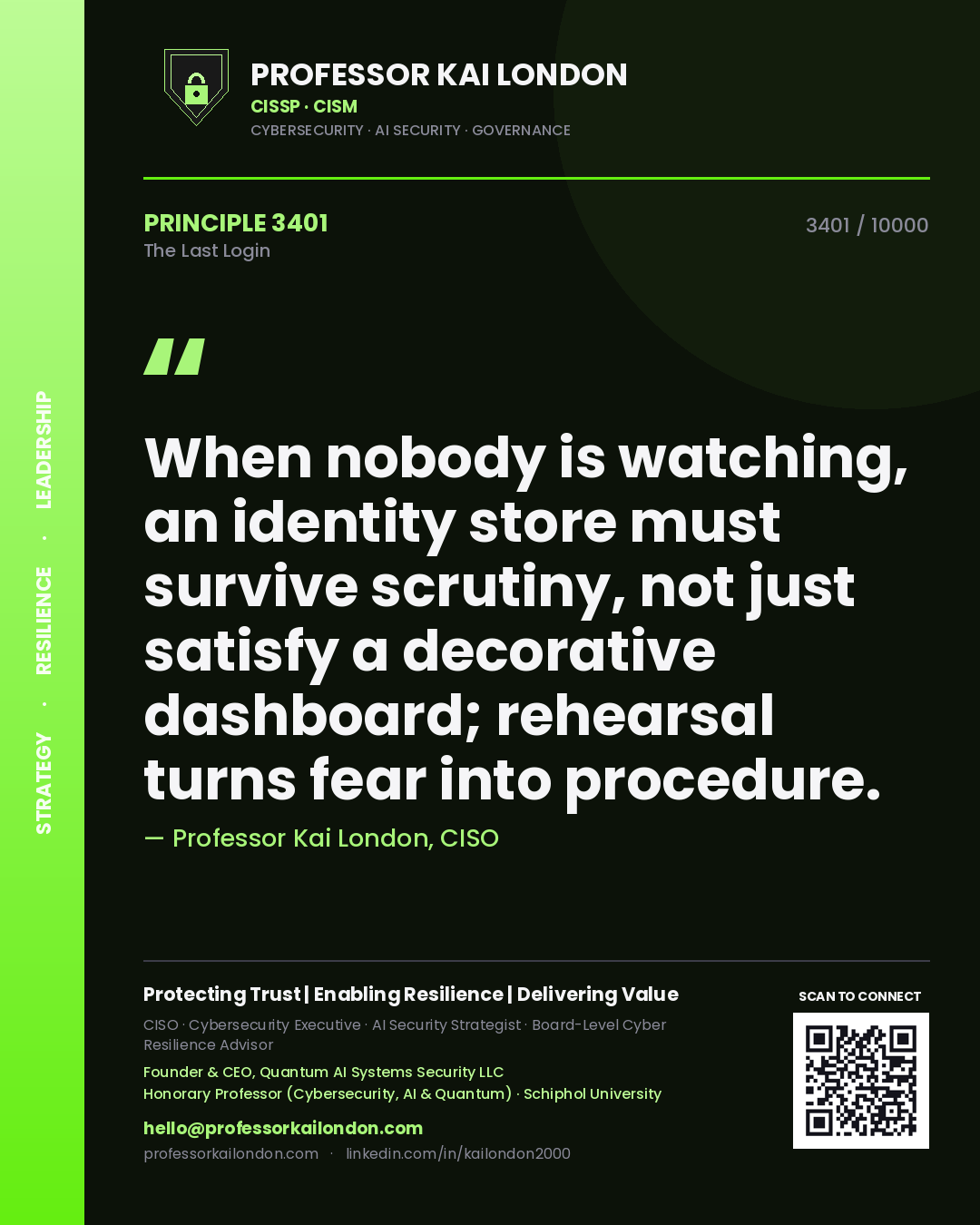 Professor Kai London principle 3401: When nobody is watching, an identity store must survive scrutiny, not just satisfy a decorative dashboard; rehearsal turns fear into procedure.