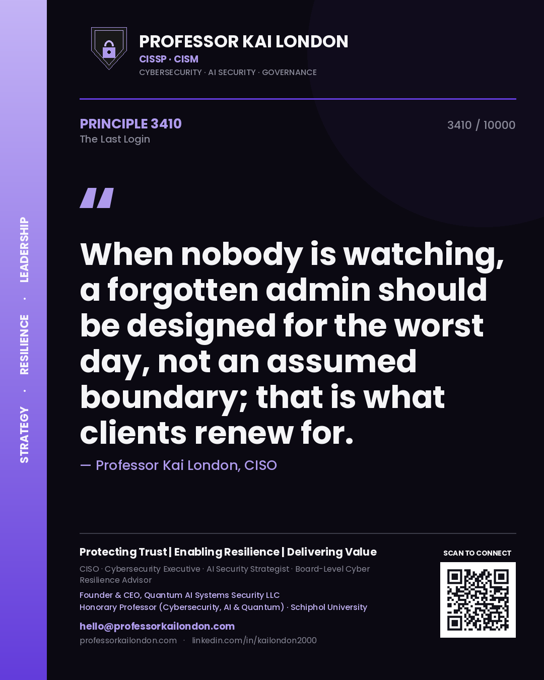Professor Kai London principle 3410: When nobody is watching, a forgotten admin should be designed for the worst day, not an assumed boundary; that is what clients renew for.