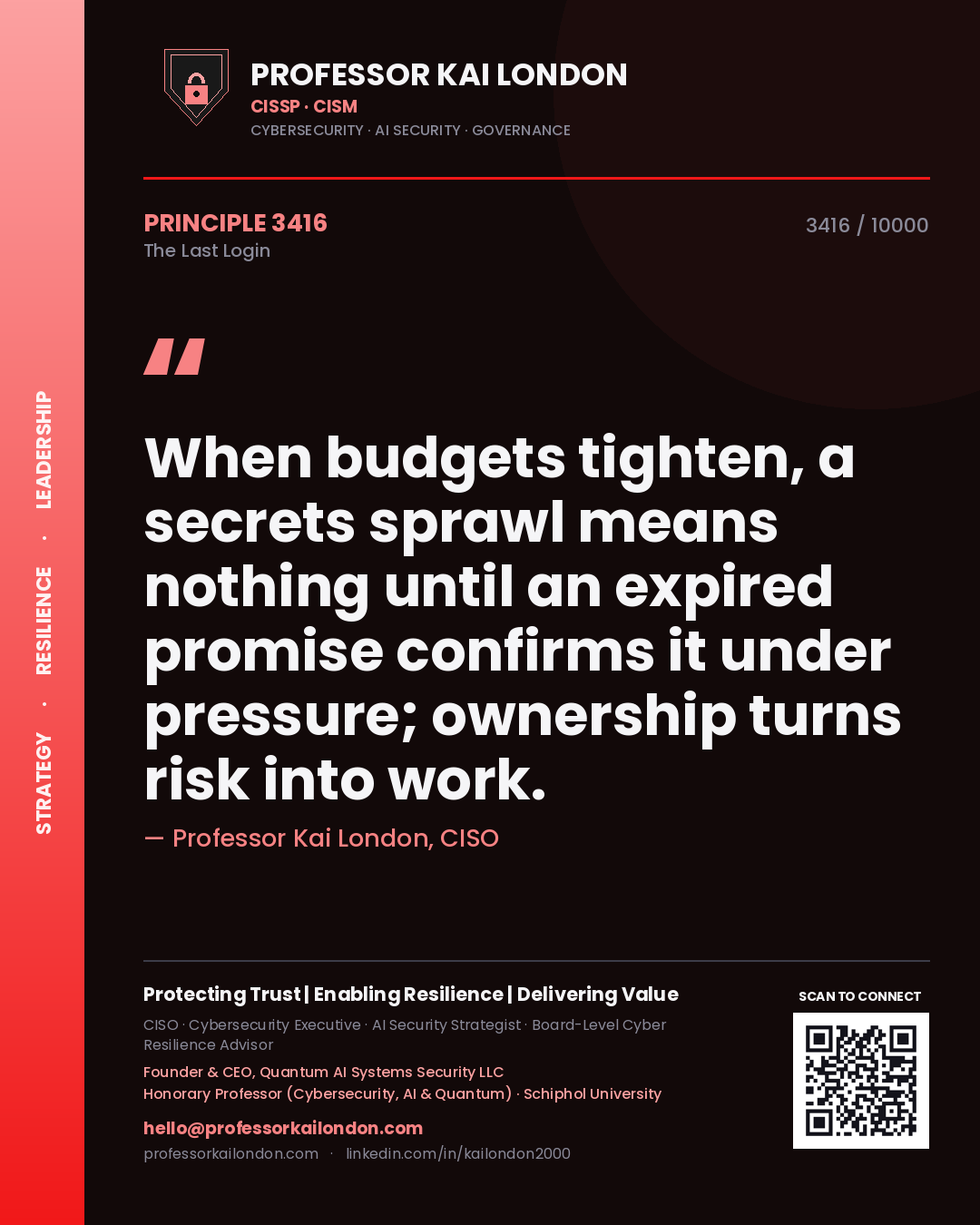 Professor Kai London principle 3416: When budgets tighten, a secrets sprawl means nothing until an expired promise confirms it under pressure; ownership turns risk into work.
