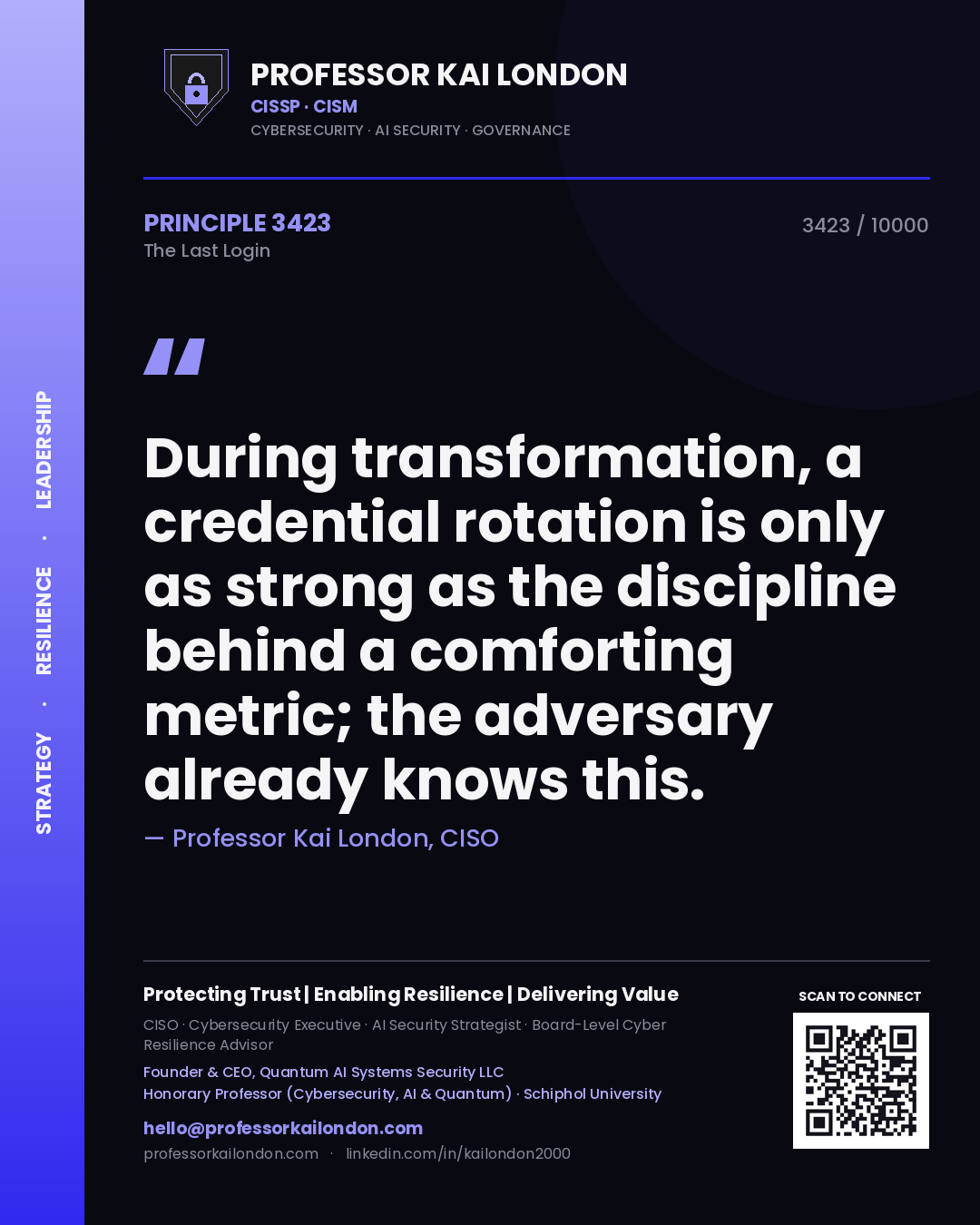 Professor Kai London principle 3423: During transformation, a credential rotation is only as strong as the discipline behind a comforting metric; the adversary already knows this.