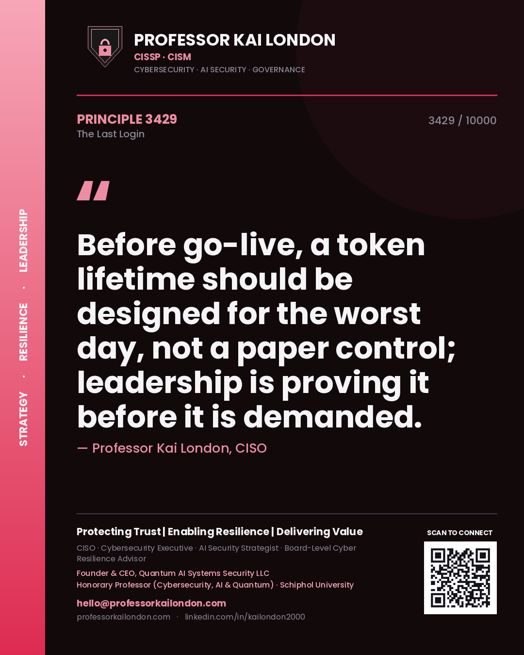 Professor Kai London principle 3429: Before go-live, a token lifetime should be designed for the worst day, not a paper control; leadership is proving it before it is demanded.