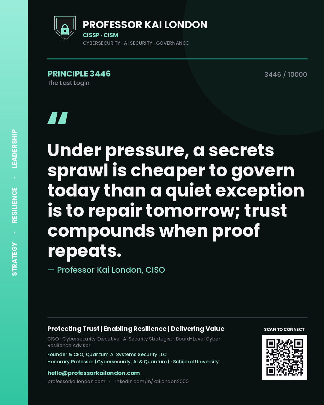 Professor Kai London principle 3446: Under pressure, a secrets sprawl is cheaper to govern today than a quiet exception is to repair tomorrow; trust compounds when proof repeats.