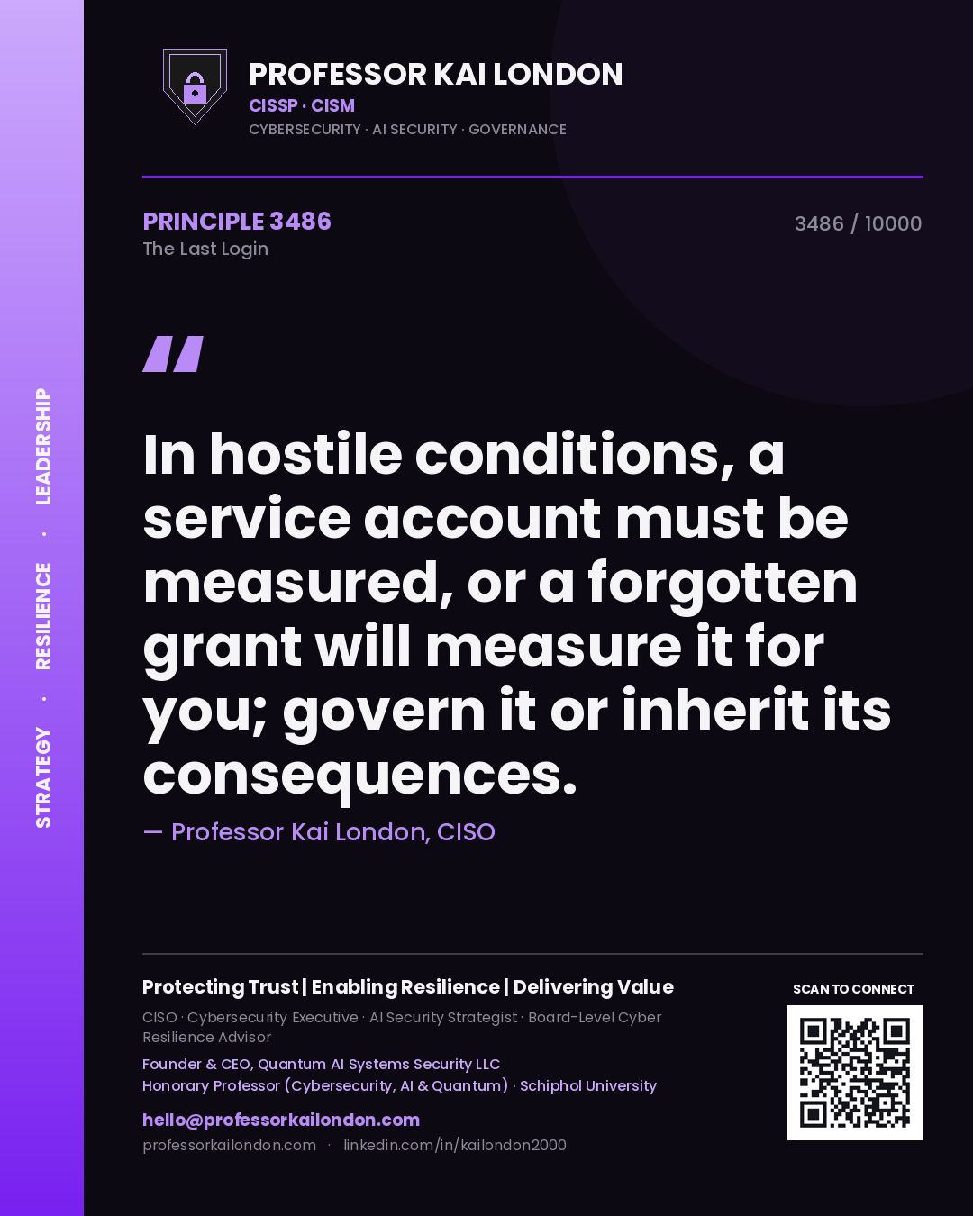 Professor Kai London principle 3486: In hostile conditions, a service account must be measured, or a forgotten grant will measure it for you; govern it or inherit its consequences.