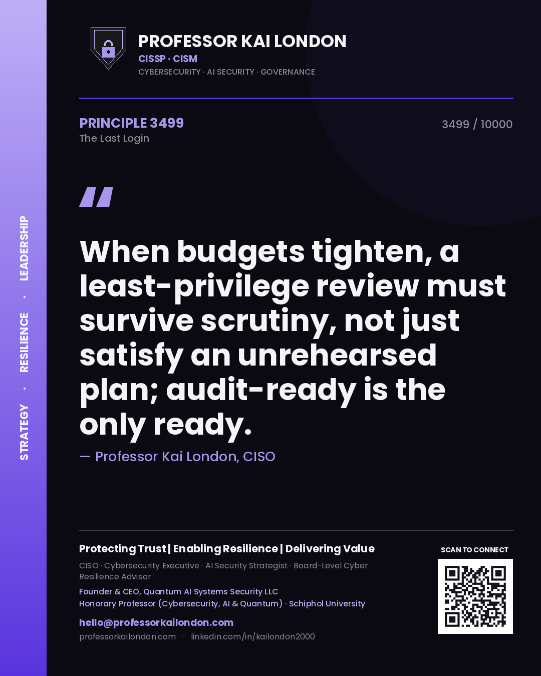 Professor Kai London principle 3499: When budgets tighten, a least-privilege review must survive scrutiny, not just satisfy an unrehearsed plan; audit-ready is the only ready.