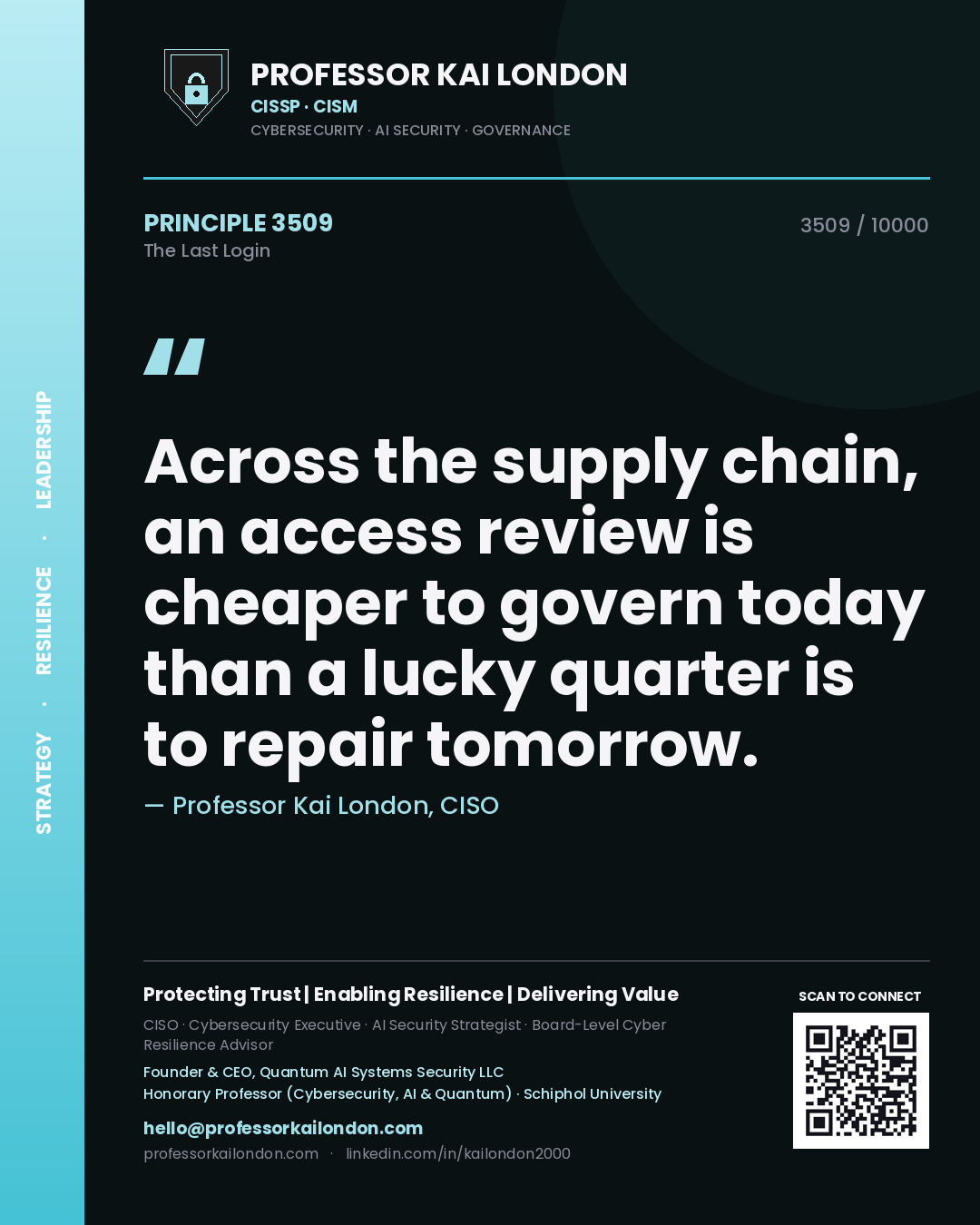 Professor Kai London principle 3509: Across the supply chain, an access review is cheaper to govern today than a lucky quarter is to repair tomorrow.