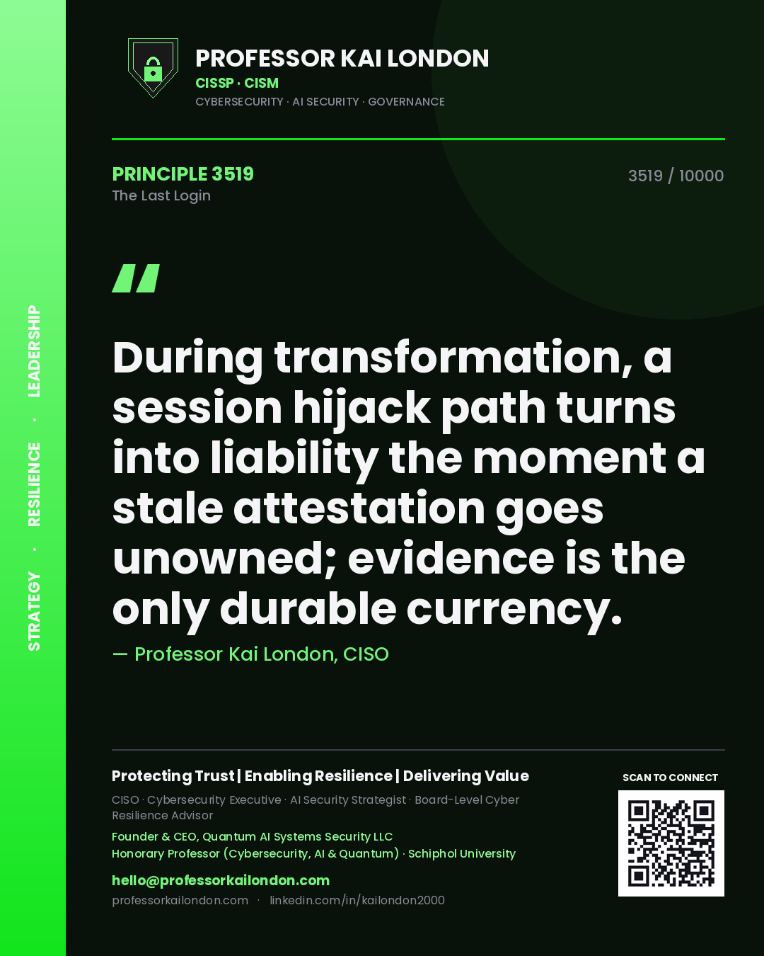 Professor Kai London principle 3519: During transformation, a session hijack path turns into liability the moment a stale attestation goes unowned; evidence is the only durable currency.