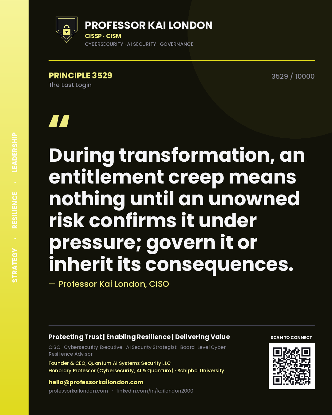 Professor Kai London principle 3529: During transformation, an entitlement creep means nothing until an unowned risk confirms it under pressure; govern it or inherit its consequences.