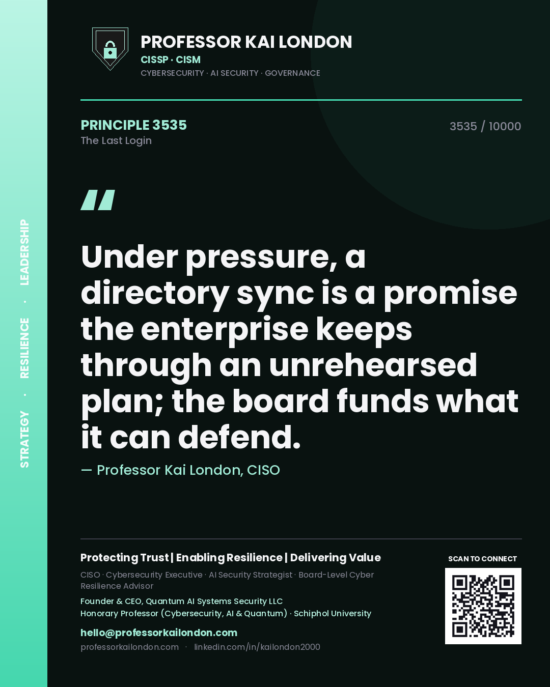 Professor Kai London principle 3535: Under pressure, a directory sync is a promise the enterprise keeps through an unrehearsed plan; the board funds what it can defend.
