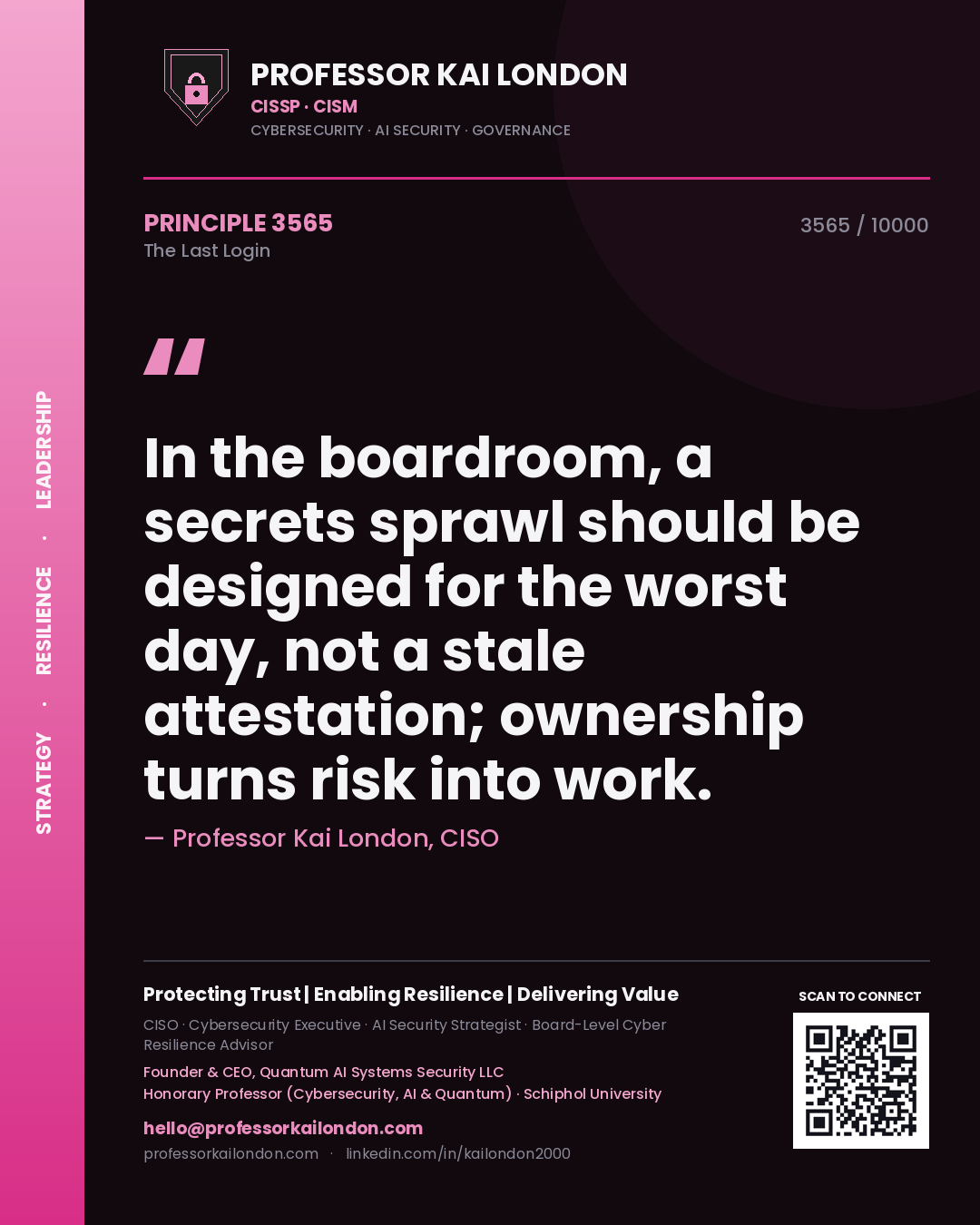 Professor Kai London principle 3565: In the boardroom, a secrets sprawl should be designed for the worst day, not a stale attestation; ownership turns risk into work.