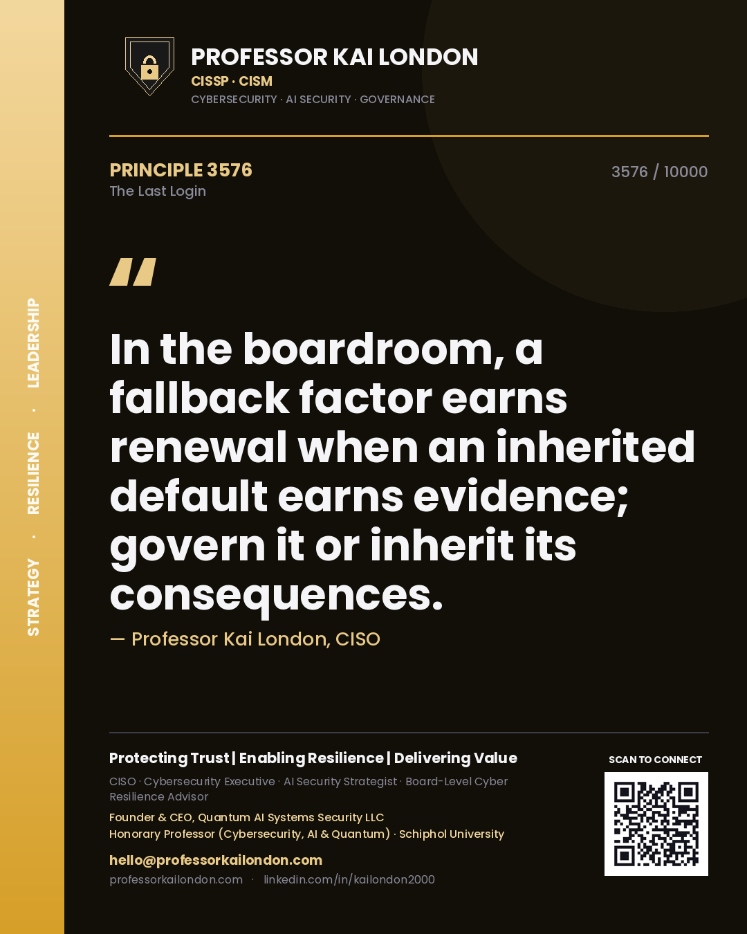 Professor Kai London principle 3576: In the boardroom, a fallback factor earns renewal when an inherited default earns evidence; govern it or inherit its consequences.