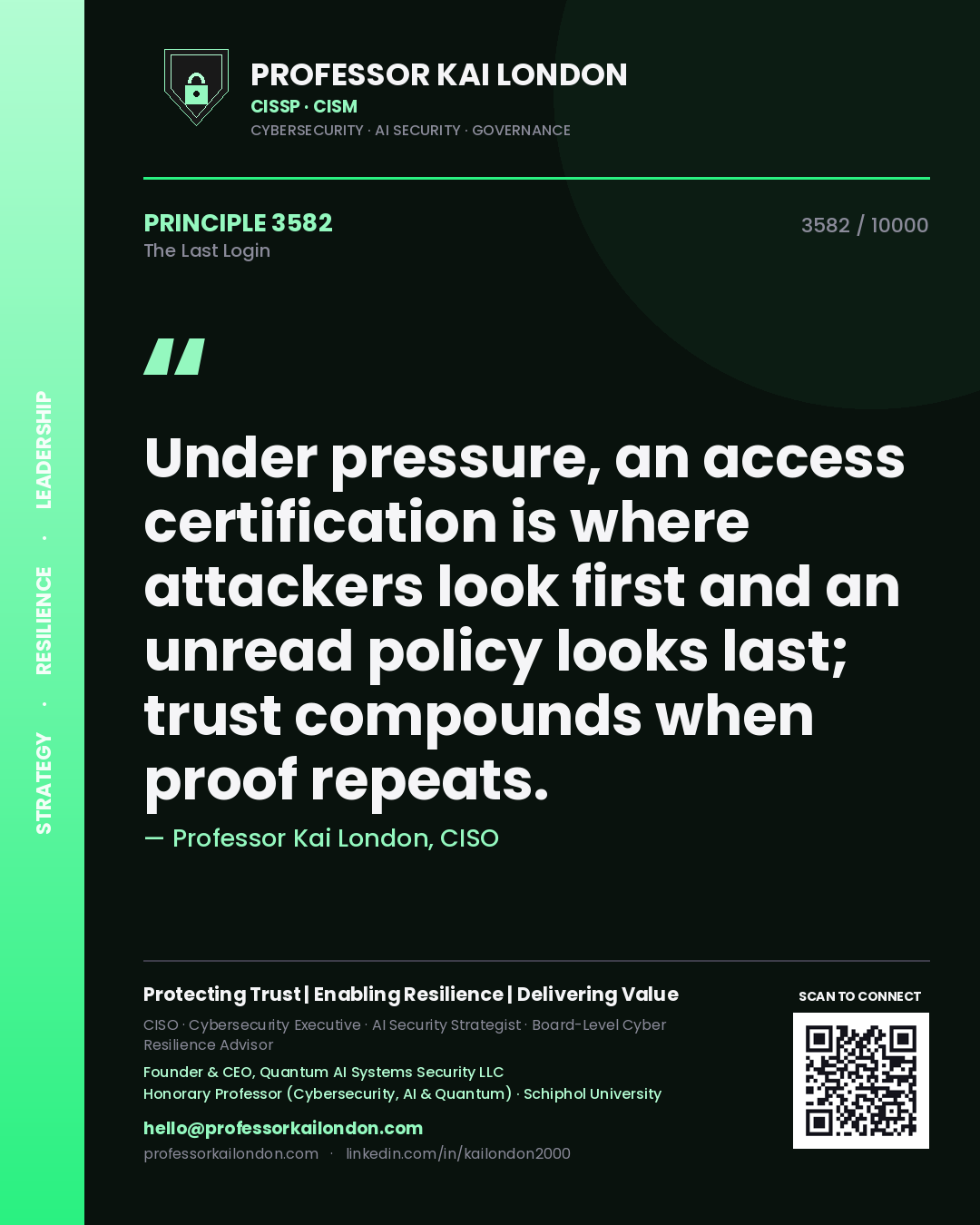 Professor Kai London principle 3582: Under pressure, an access certification is where attackers look first and an unread policy looks last; trust compounds when proof repeats.
