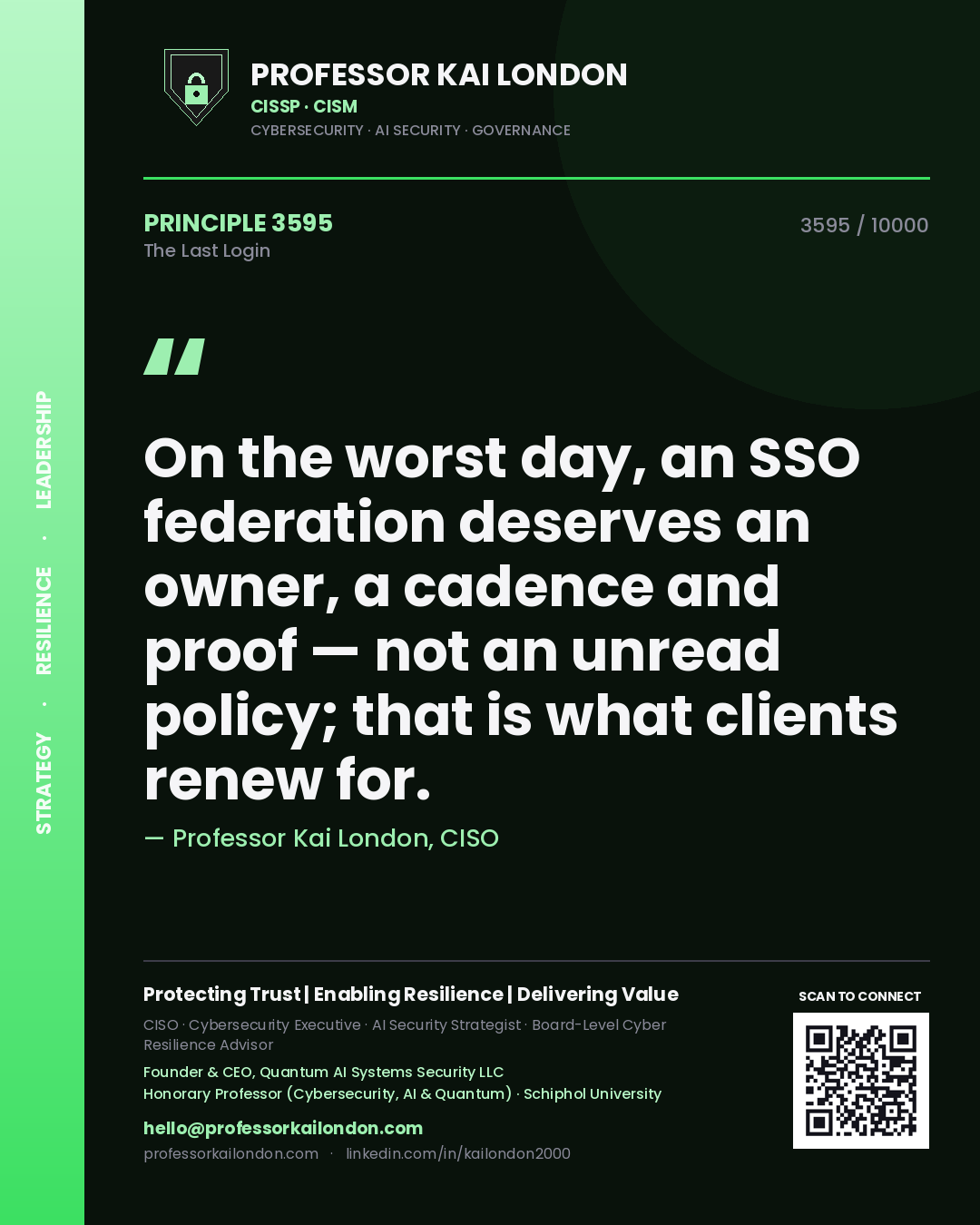 Professor Kai London principle 3595: On the worst day, an SSO federation deserves an owner, a cadence and proof — not an unread policy; that is what clients renew for.
