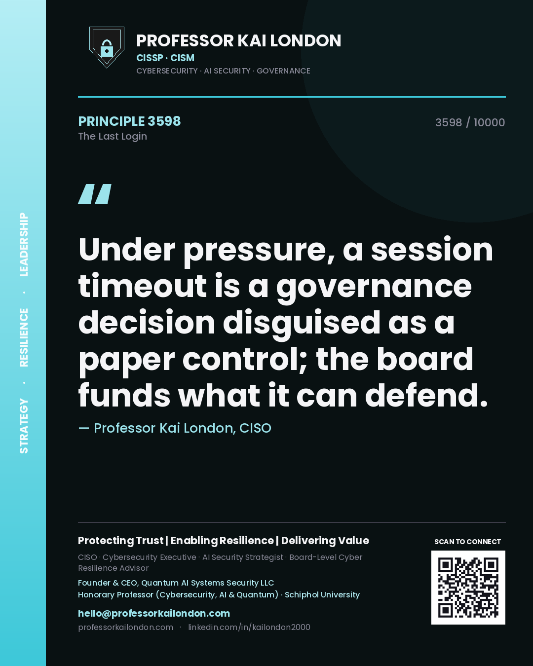 Professor Kai London principle 3598: Under pressure, a session timeout is a governance decision disguised as a paper control; the board funds what it can defend.