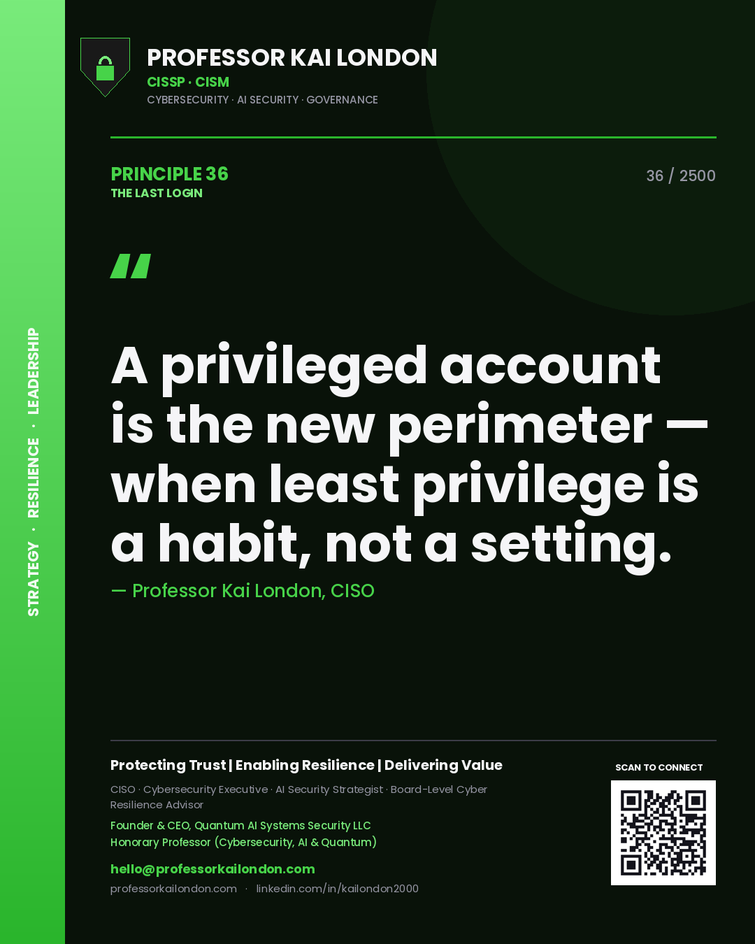 Professor Kai London principle 36: A privileged account is the new perimeter — when least privilege is a habit, not a setting.