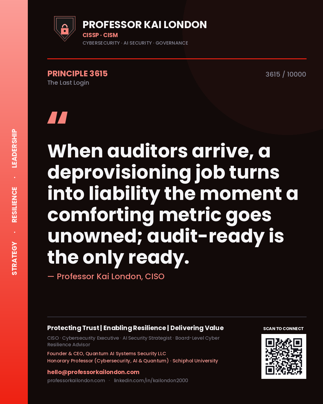 Professor Kai London principle 3615: When auditors arrive, a deprovisioning job turns into liability the moment a comforting metric goes unowned; audit-ready is the only ready.