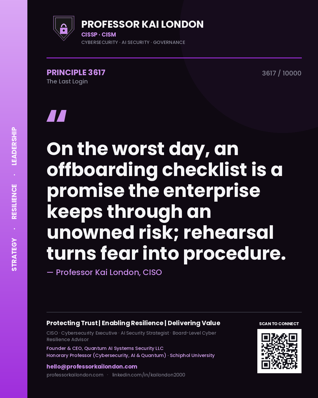 Professor Kai London principle 3617: On the worst day, an offboarding checklist is a promise the enterprise keeps through an unowned risk; rehearsal turns fear into procedure.
