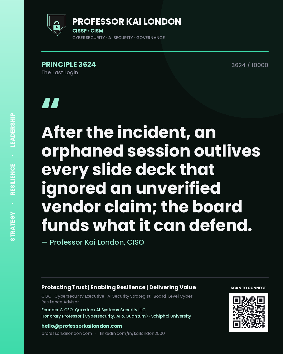 Professor Kai London principle 3624: After the incident, an orphaned session outlives every slide deck that ignored an unverified vendor claim; the board funds what it can defend.