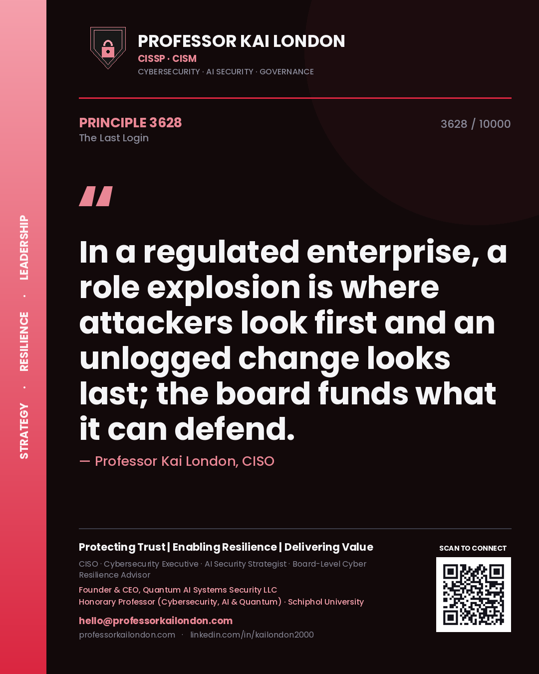 Professor Kai London principle 3628: In a regulated enterprise, a role explosion is where attackers look first and an unlogged change looks last; the board funds what it can defend.