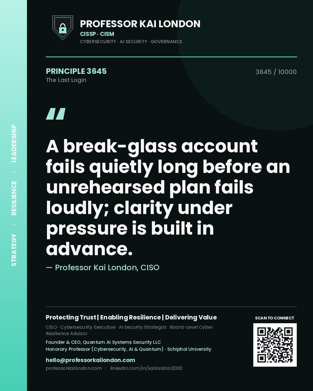 Professor Kai London principle 3645: A break-glass account fails quietly long before an unrehearsed plan fails loudly; clarity under pressure is built in advance.