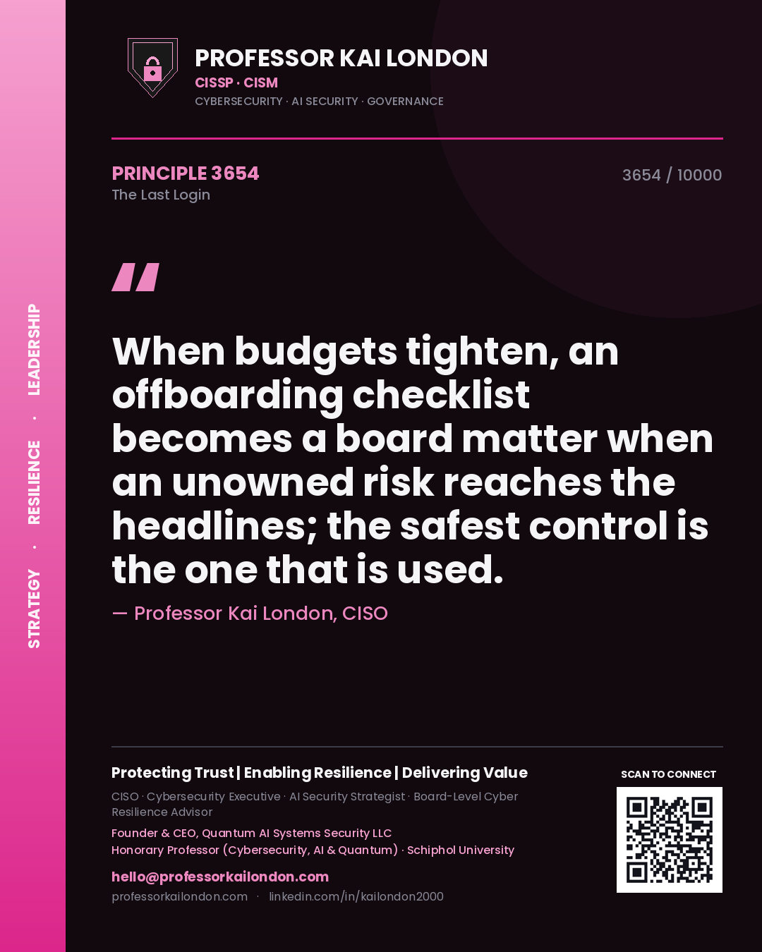 Professor Kai London principle 3654: When budgets tighten, an offboarding checklist becomes a board matter when an unowned risk reaches the headlines; the safest control is the one that is used.