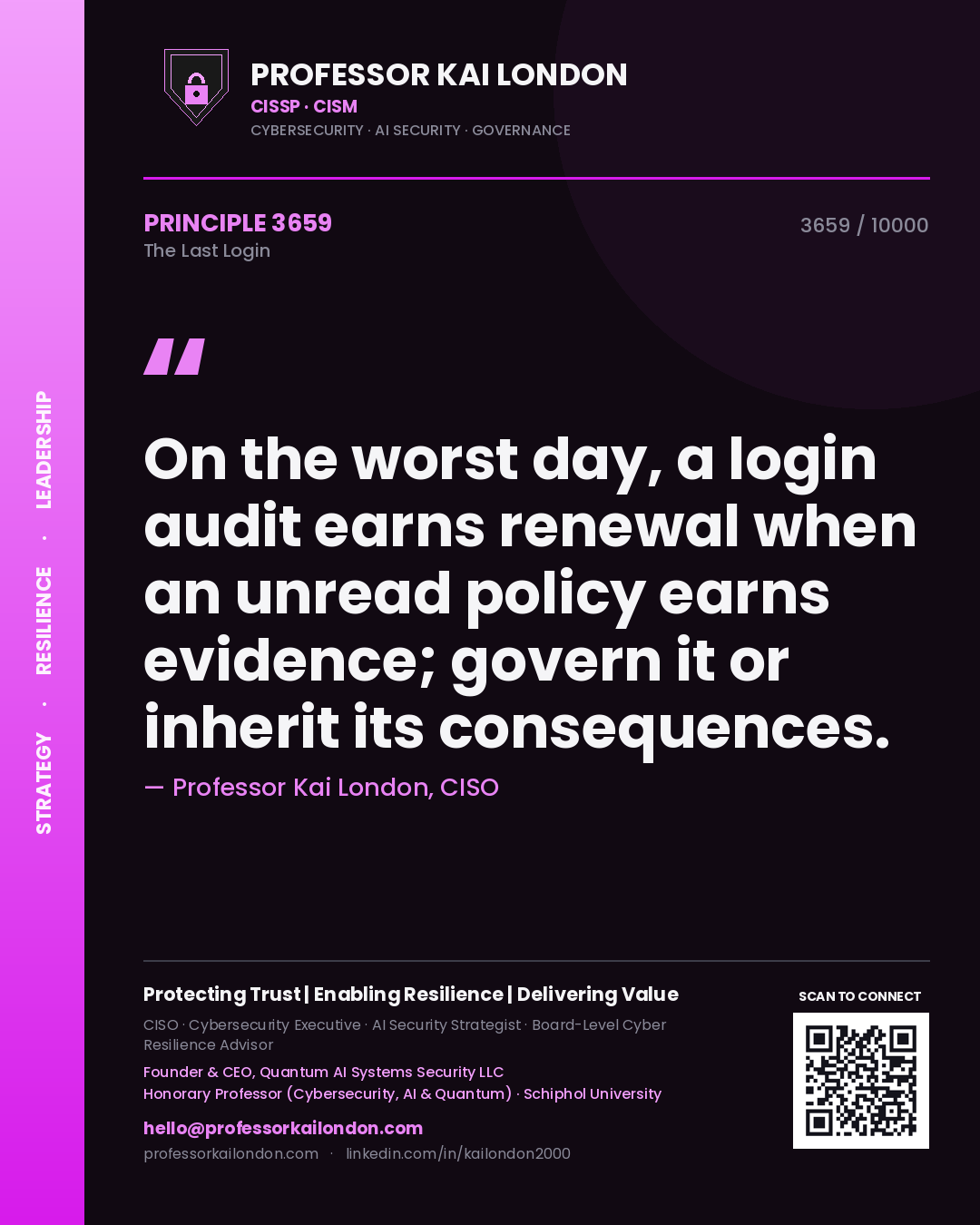 Professor Kai London principle 3659: On the worst day, a login audit earns renewal when an unread policy earns evidence; govern it or inherit its consequences.