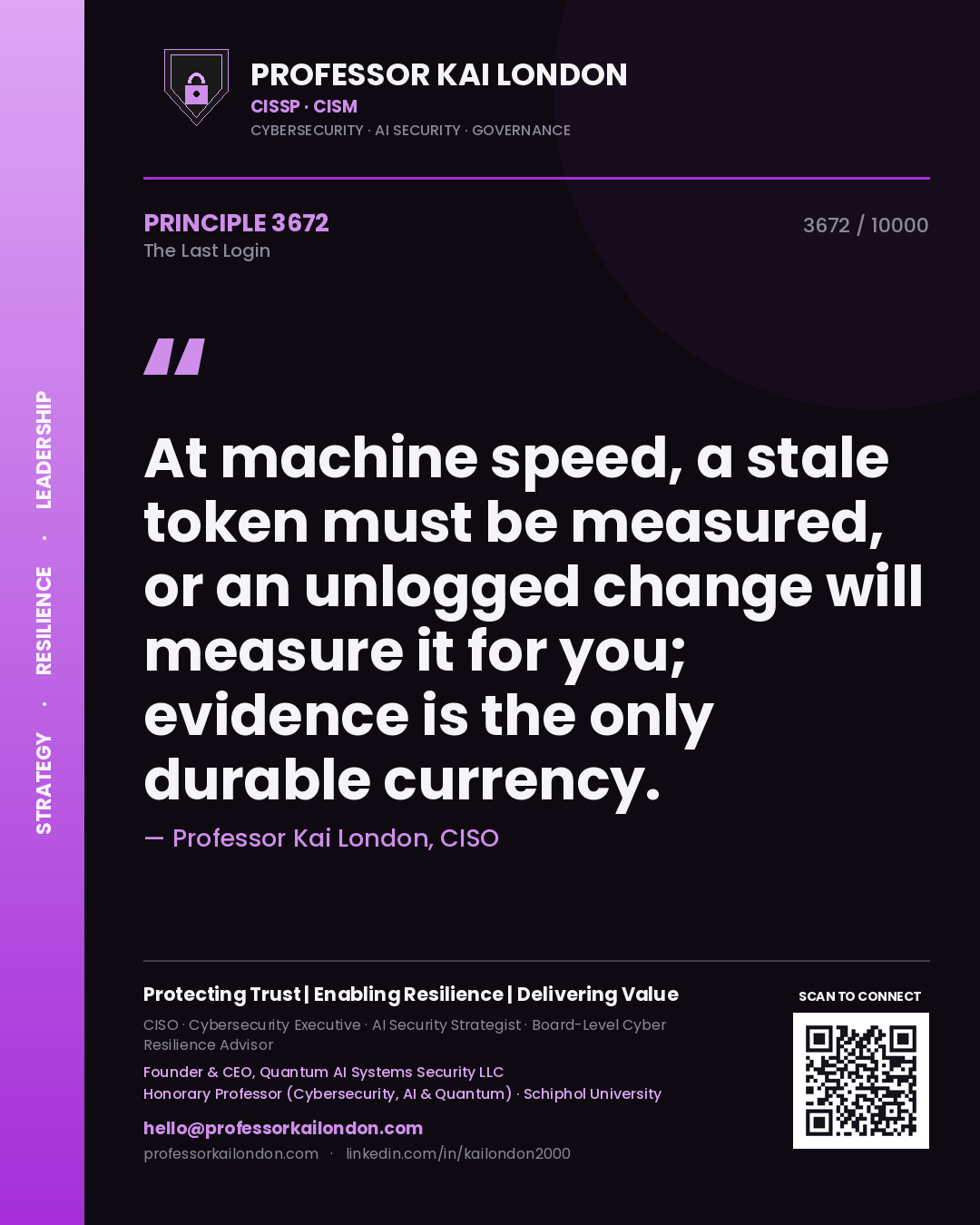 Professor Kai London principle 3672: At machine speed, a stale token must be measured, or an unlogged change will measure it for you; evidence is the only durable currency.